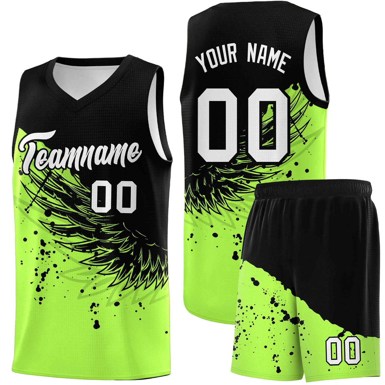 Custom Fluorescent Green Black Wing Pattern Sports Uniform Basketball Jersey
