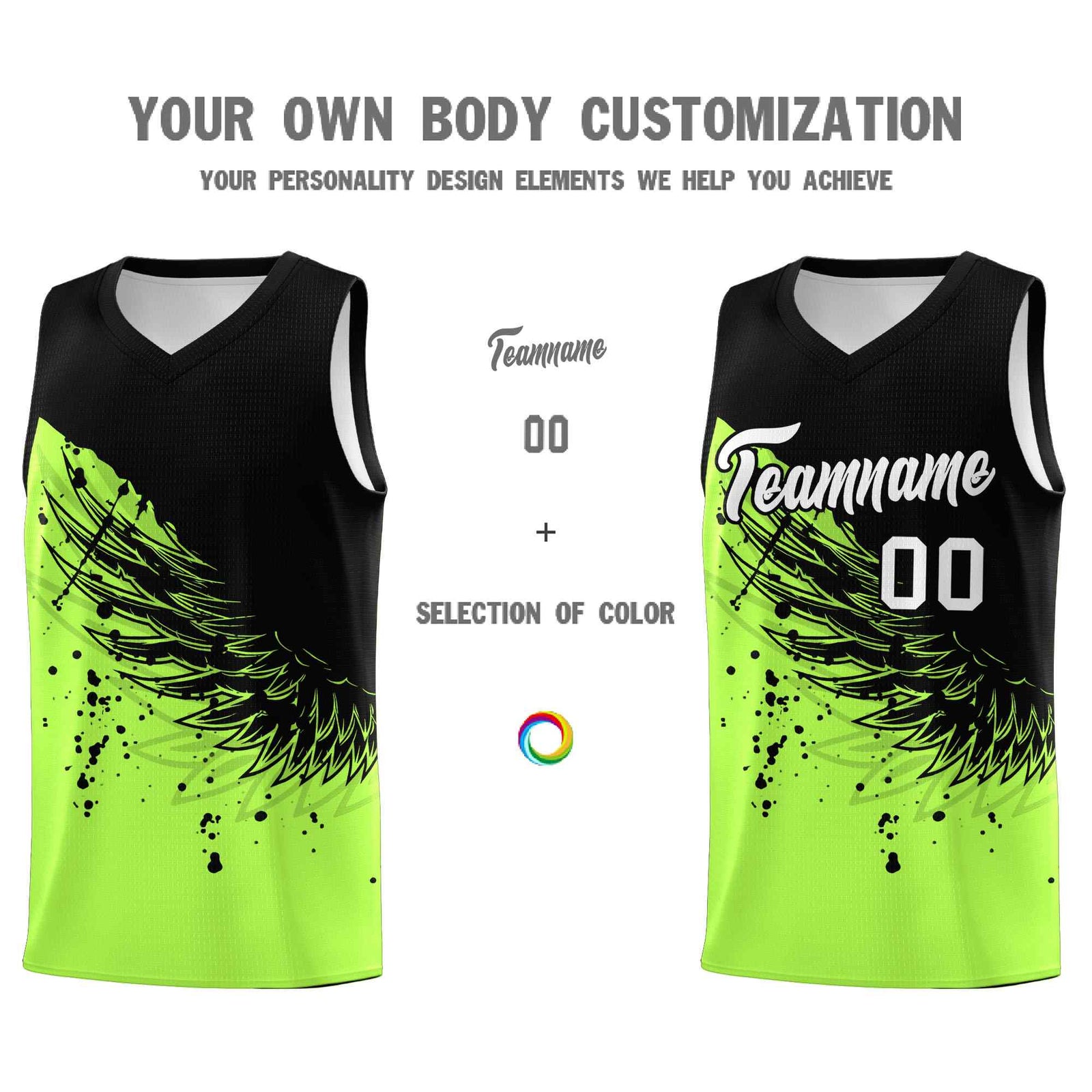 Custom Fluorescent Green Black Wing Pattern Sports Uniform Basketball Jersey