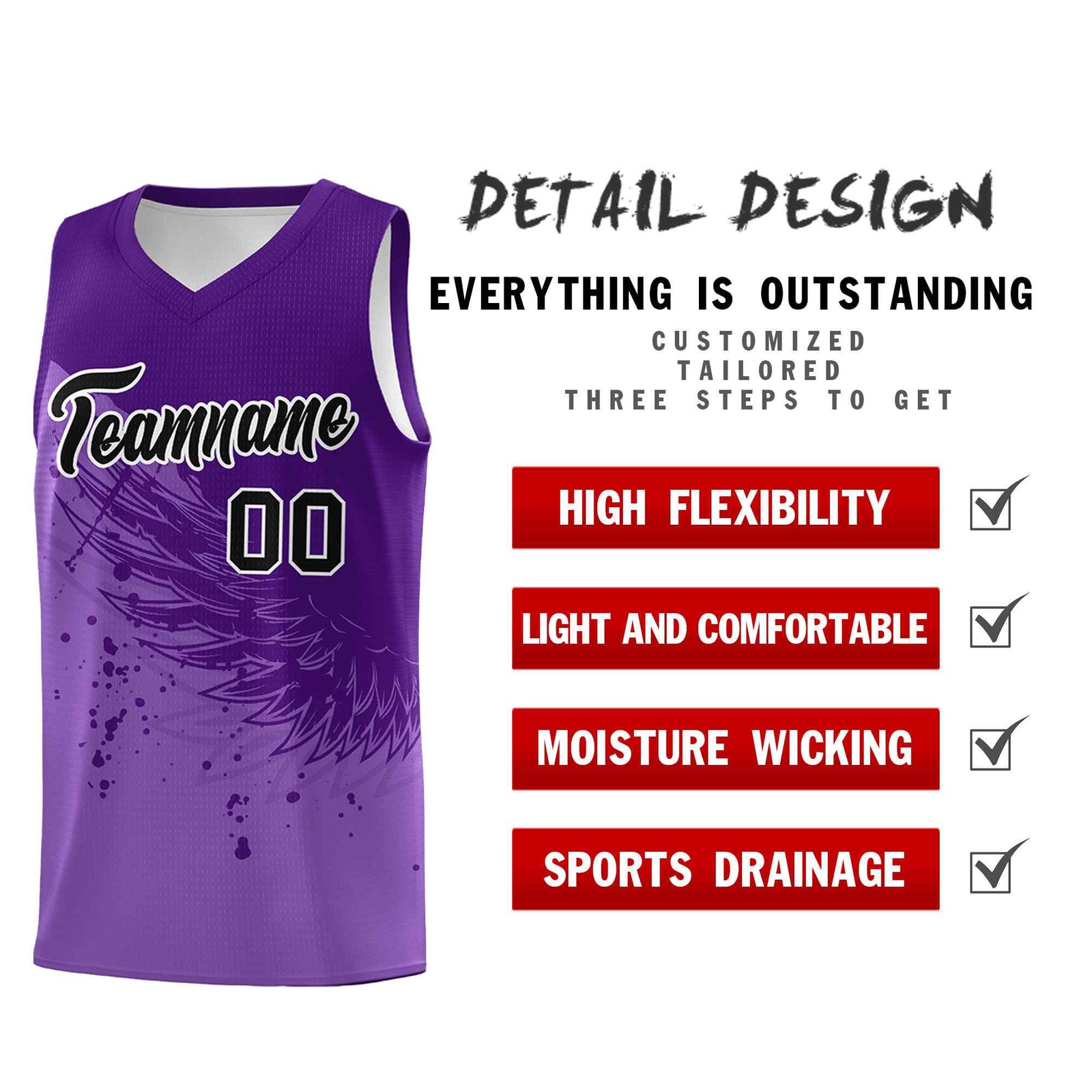 Custom Light Purple Purple Wing Pattern Sports Uniform Basketball Jersey