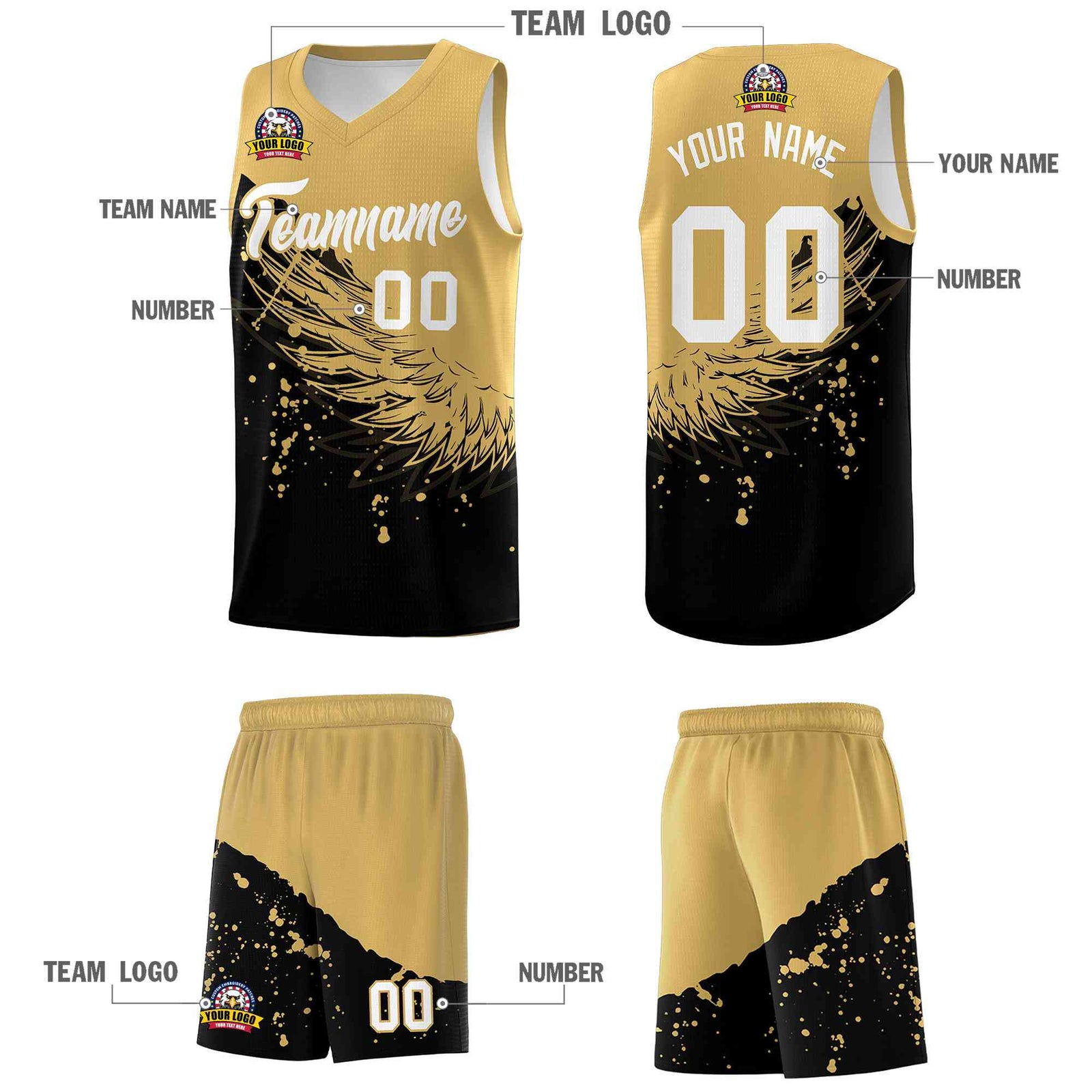 Custom Black Old Gold Wing Pattern Sports Uniform Basketball Jersey