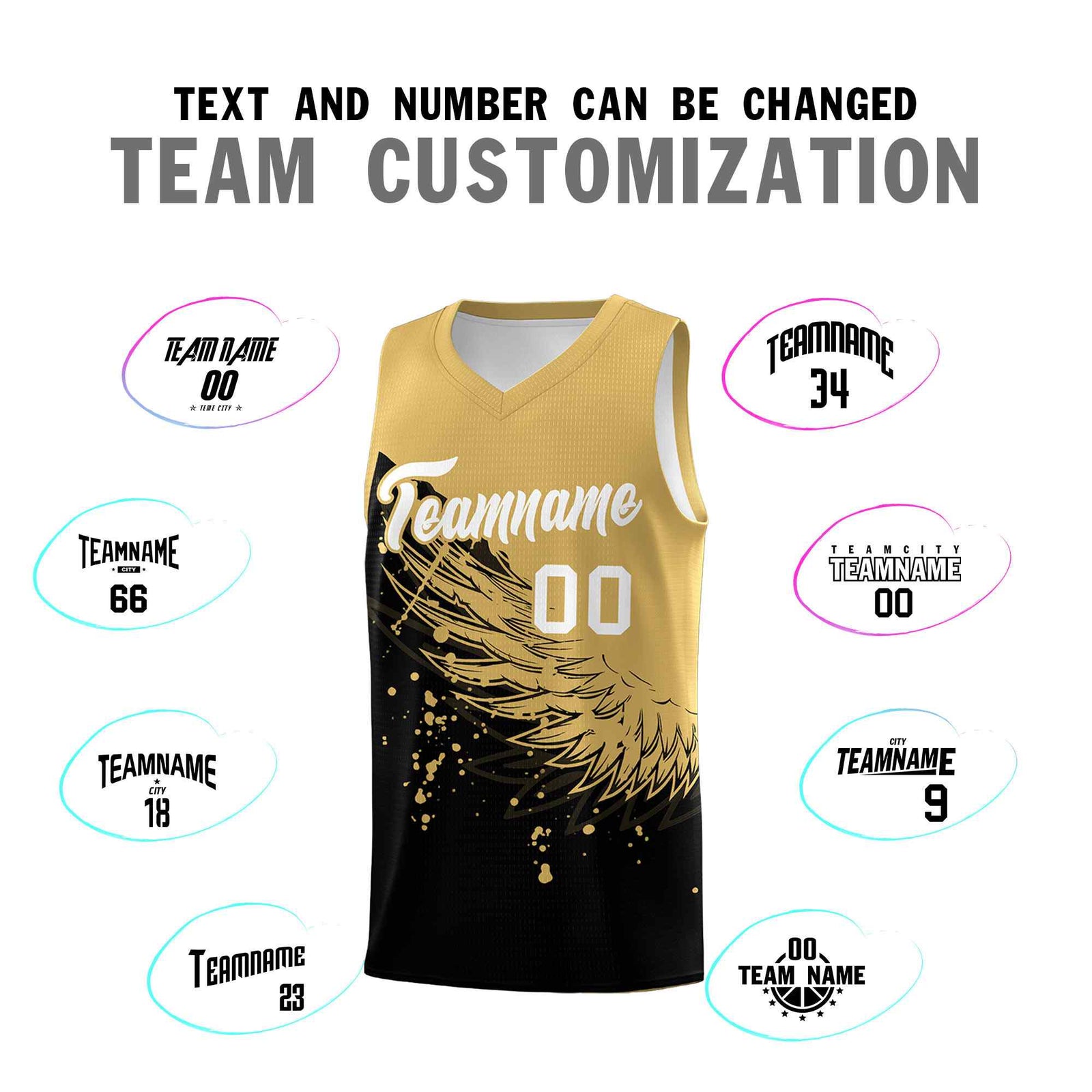 Custom Black Old Gold Wing Pattern Sports Uniform Basketball Jersey