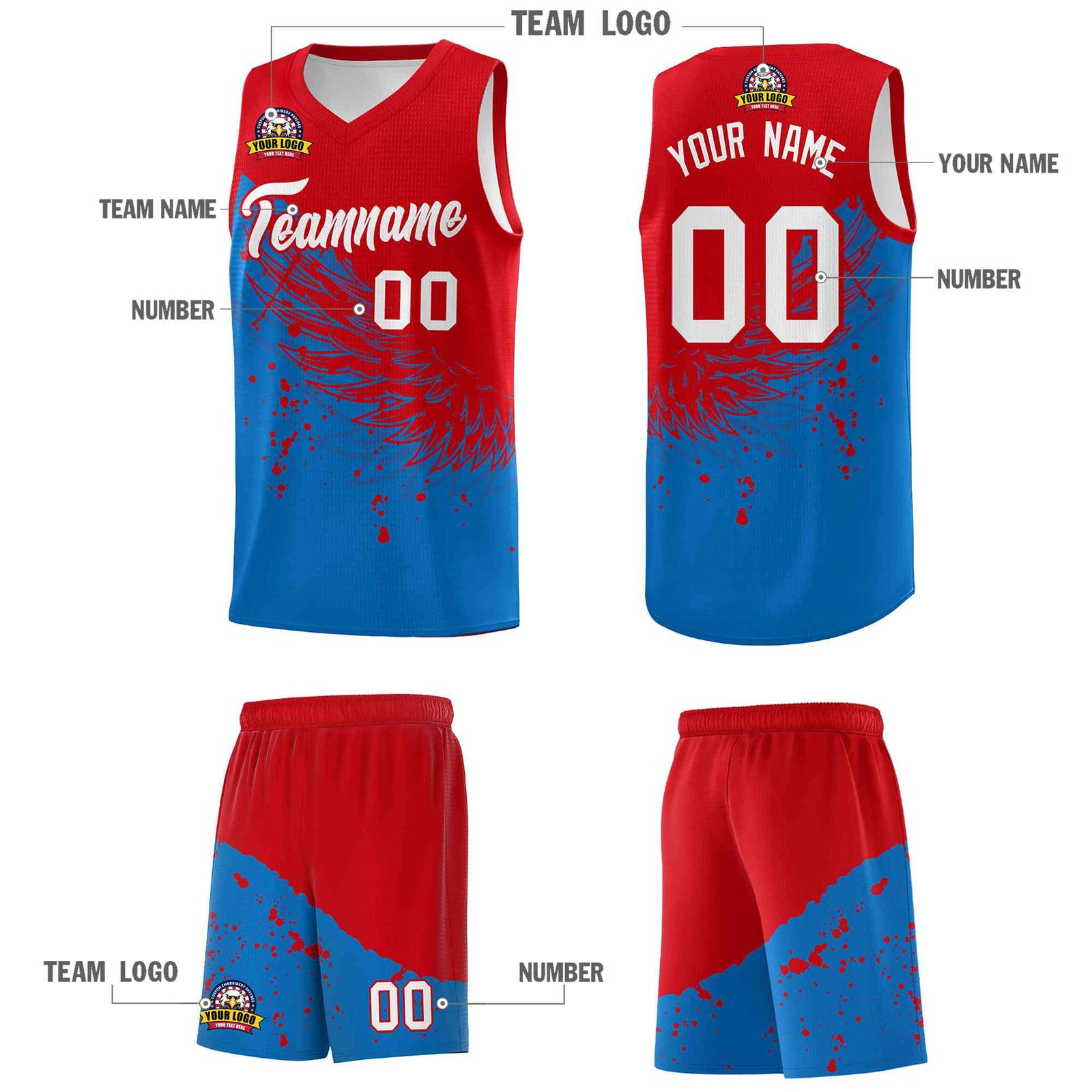 Custom Royal Red Wing Pattern Sports Uniform Basketball Jersey