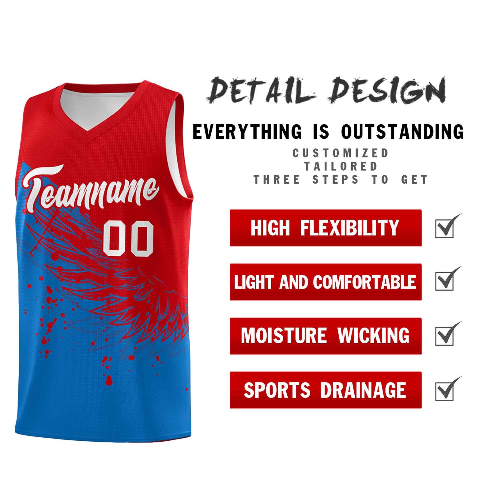 Custom Royal Red Wing Pattern Sports Uniform Basketball Jersey