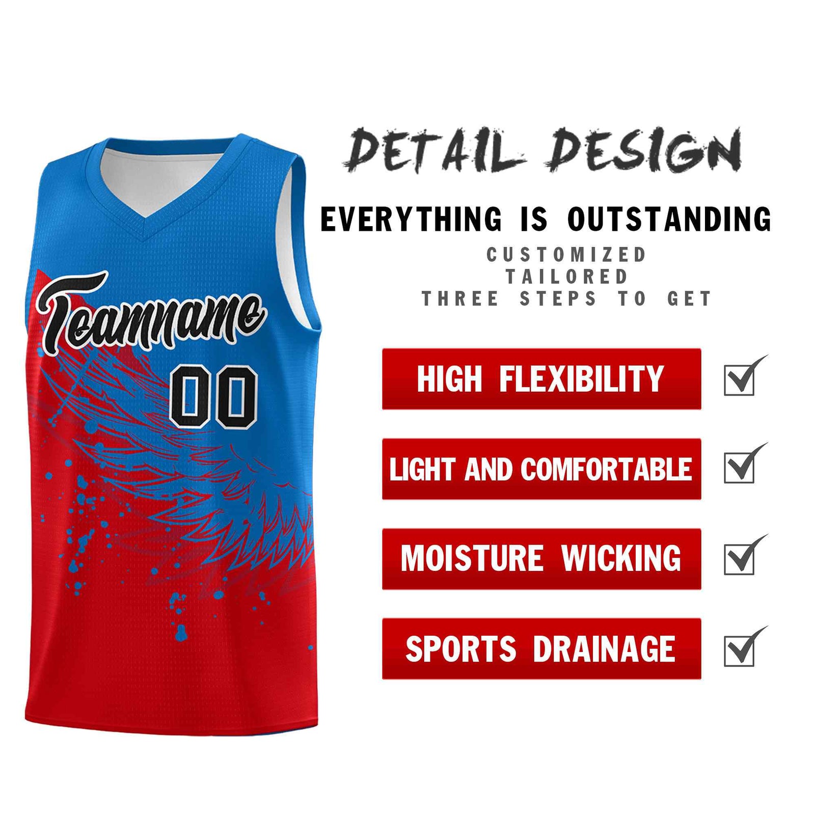 Custom Red Royal Wing Pattern Sports Uniform Basketball Jersey