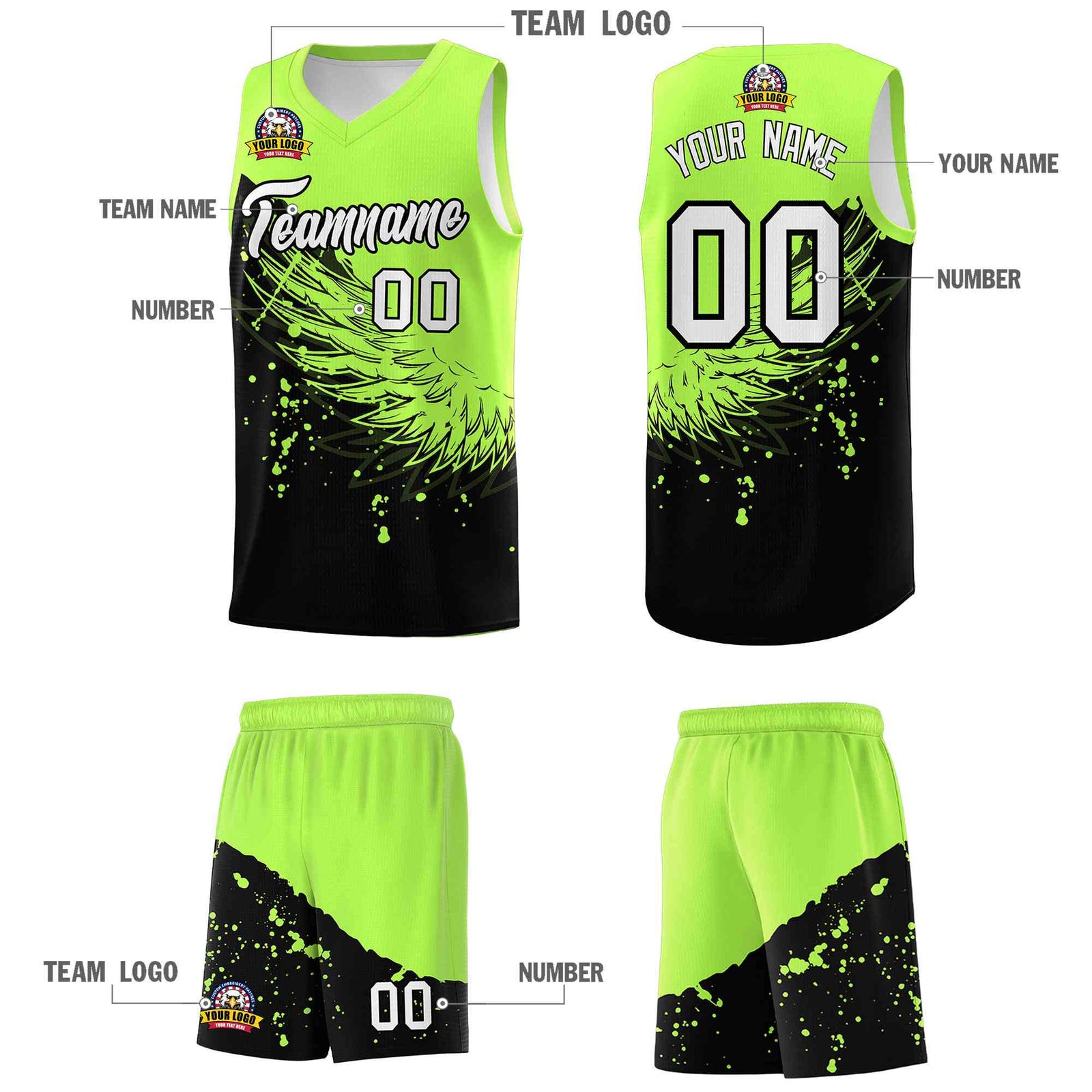 Custom Black Fluorescent Green Wing Pattern Sports Uniform Basketball Jersey