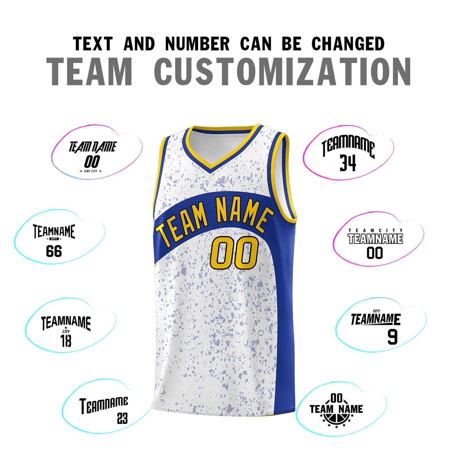 Custom White Royal Dot Graffiti Pattern Irregular Team Names Sports Uniform Basketball Jersey