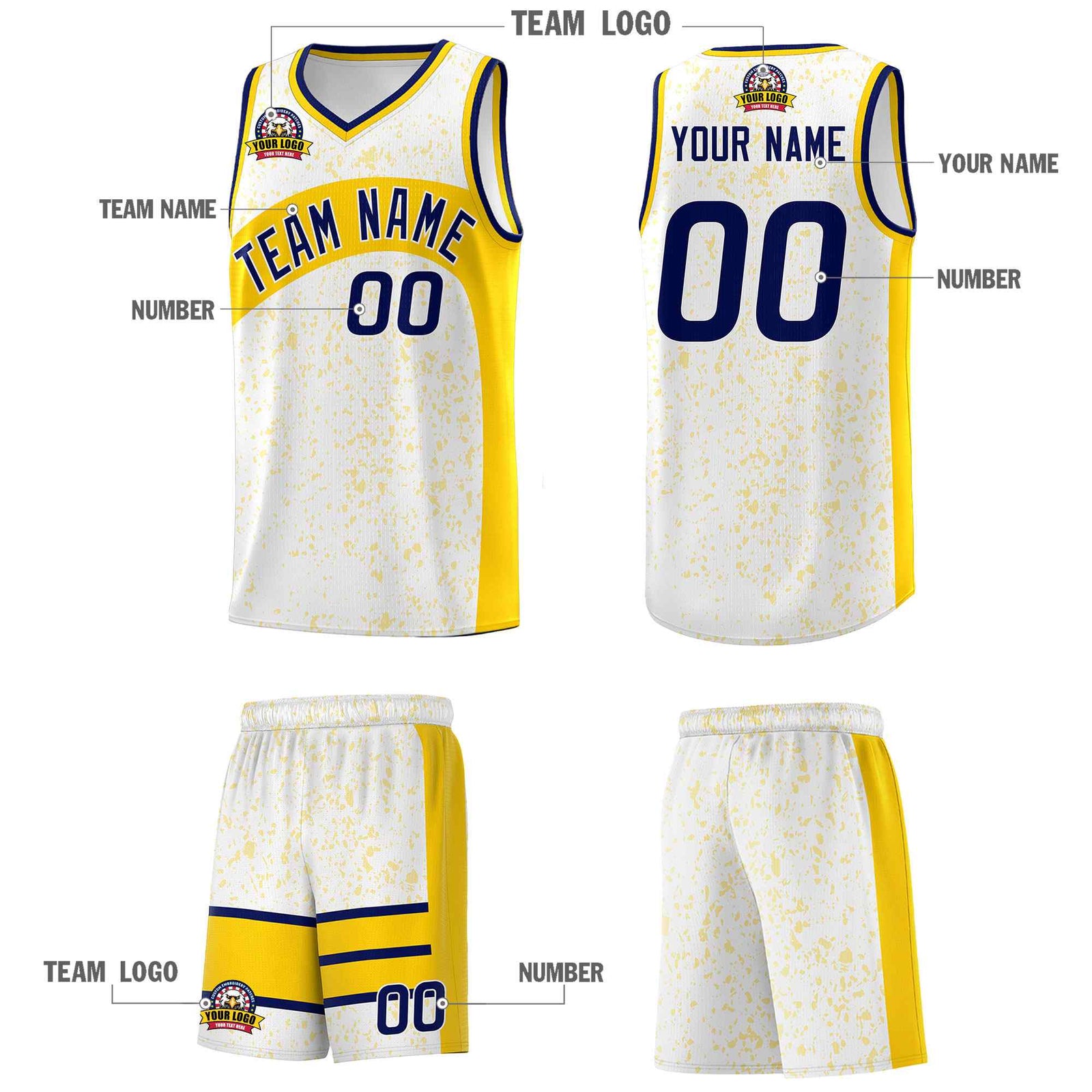 Custom White Gold Dot Graffiti Pattern Irregular Team Names Sports Uniform Basketball Jersey