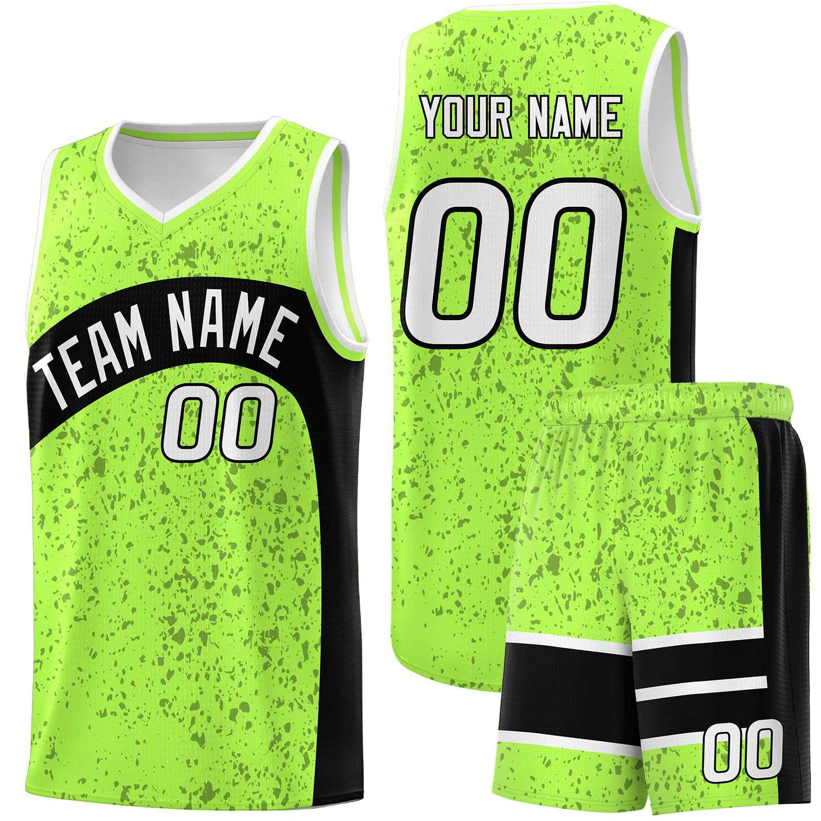 Custom Fluorescent Green Black Dot Graffiti Pattern Irregular Team Names Sports Uniform Basketball Jersey| KXKSHOP