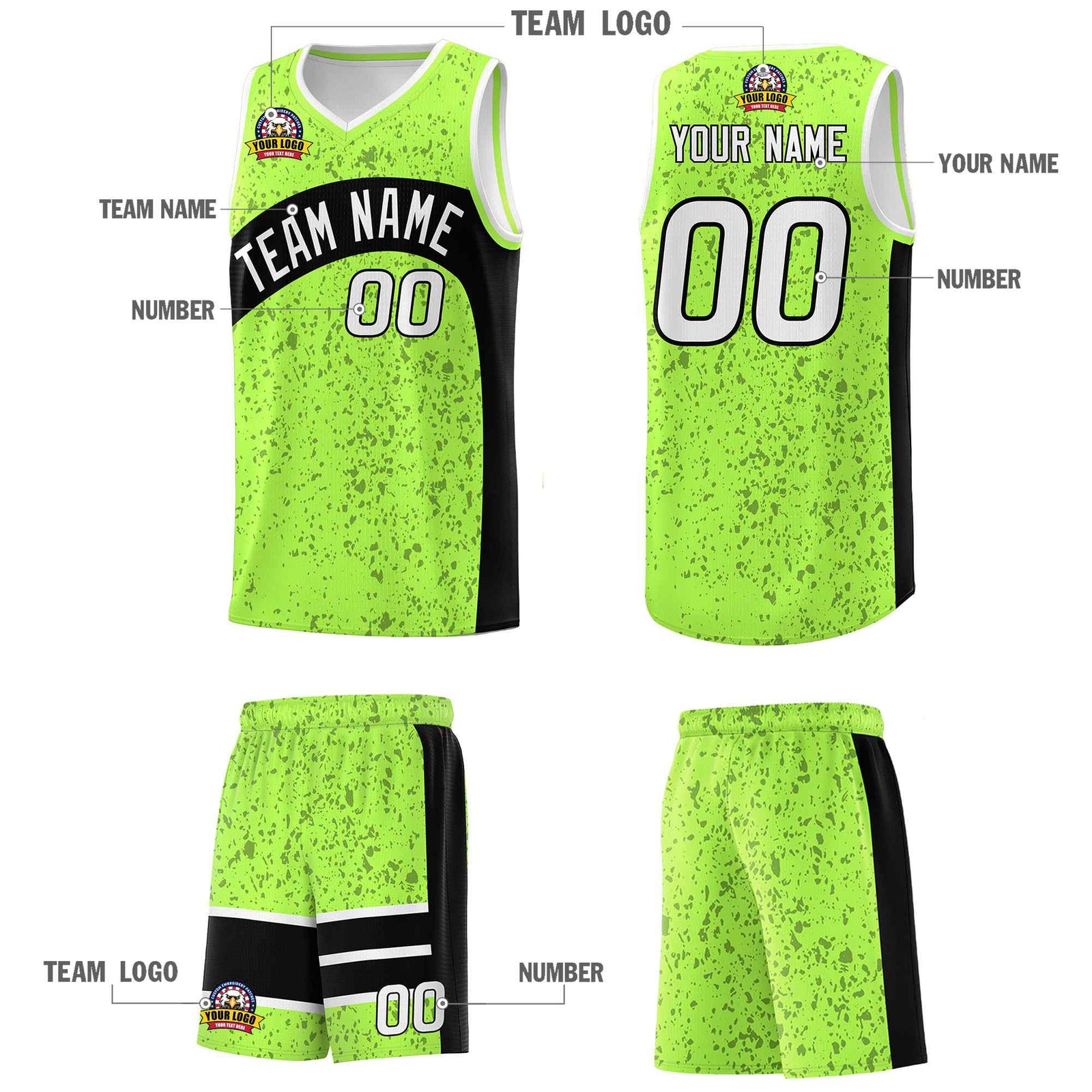 Custom Fluorescent Green Black Dot Graffiti Pattern Irregular Team Names Sports Uniform Basketball Jersey