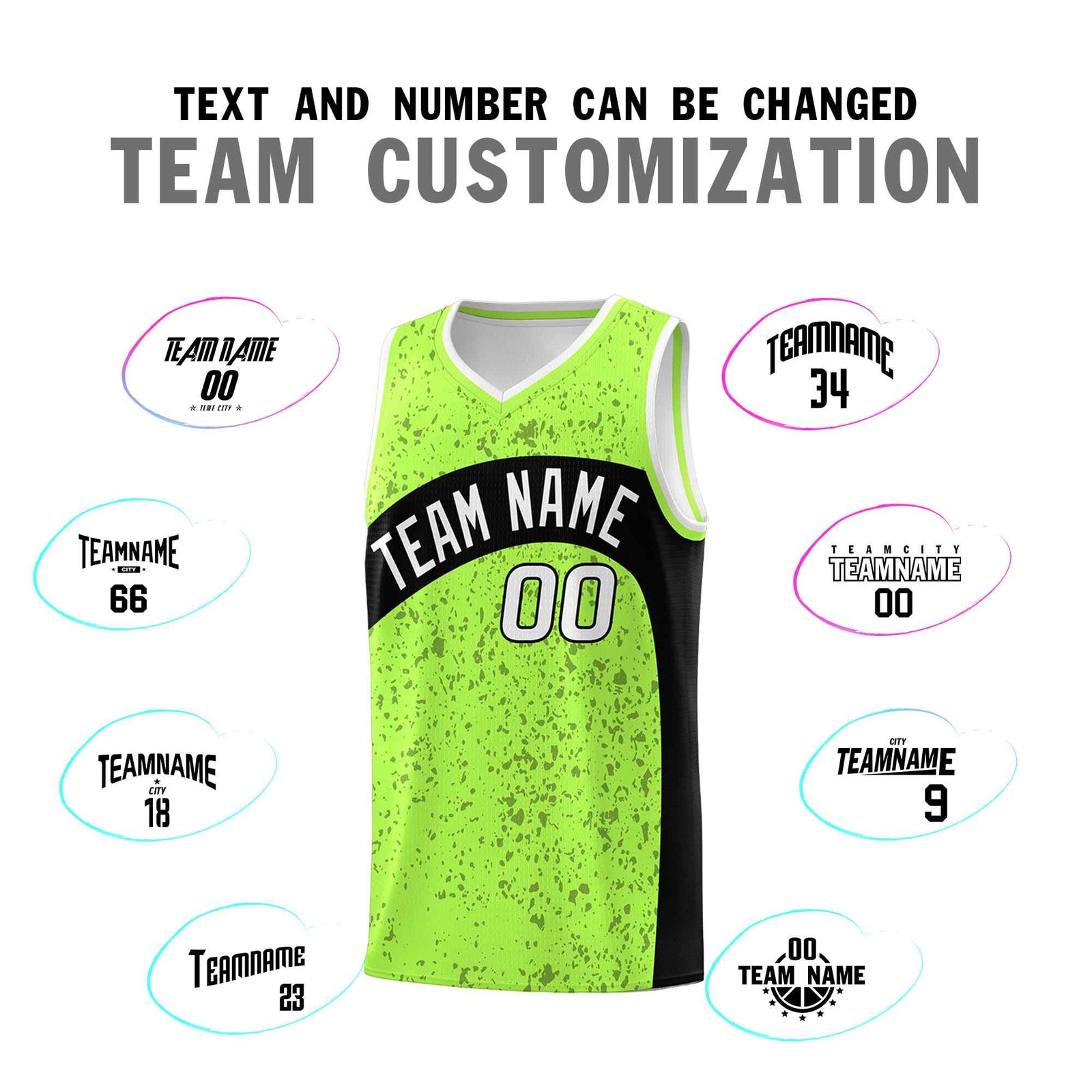 Custom Fluorescent Green Black Dot Graffiti Pattern Irregular Team Names Sports Uniform Basketball Jersey