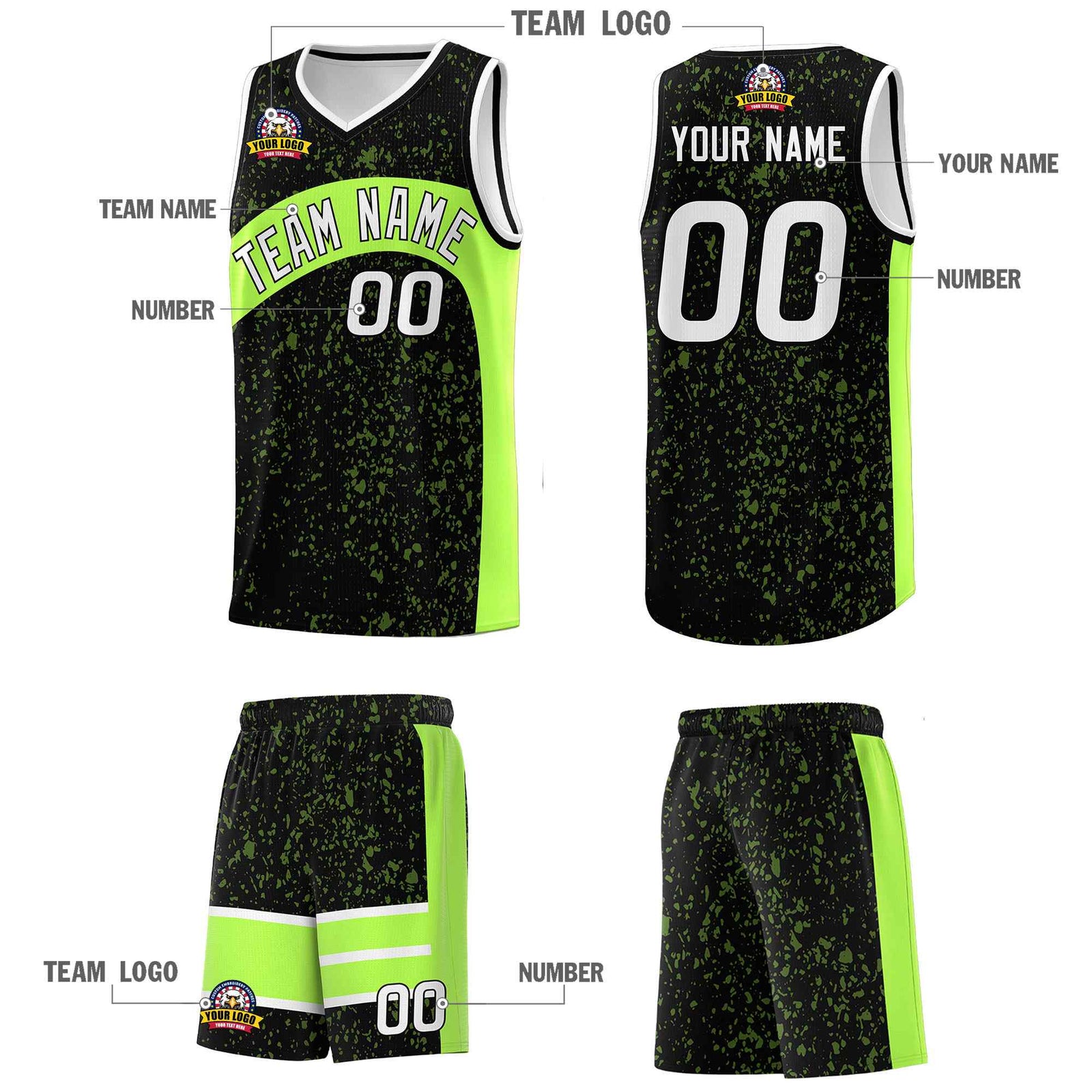 Custom Black Fluorescent Green Dot Graffiti Pattern Irregular Team Names Sports Uniform Basketball Jersey