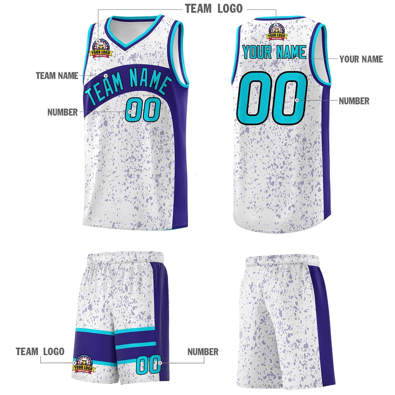 Custom White Royal Dot Graffiti Pattern Irregular Team Names Sports Uniform Basketball Jersey