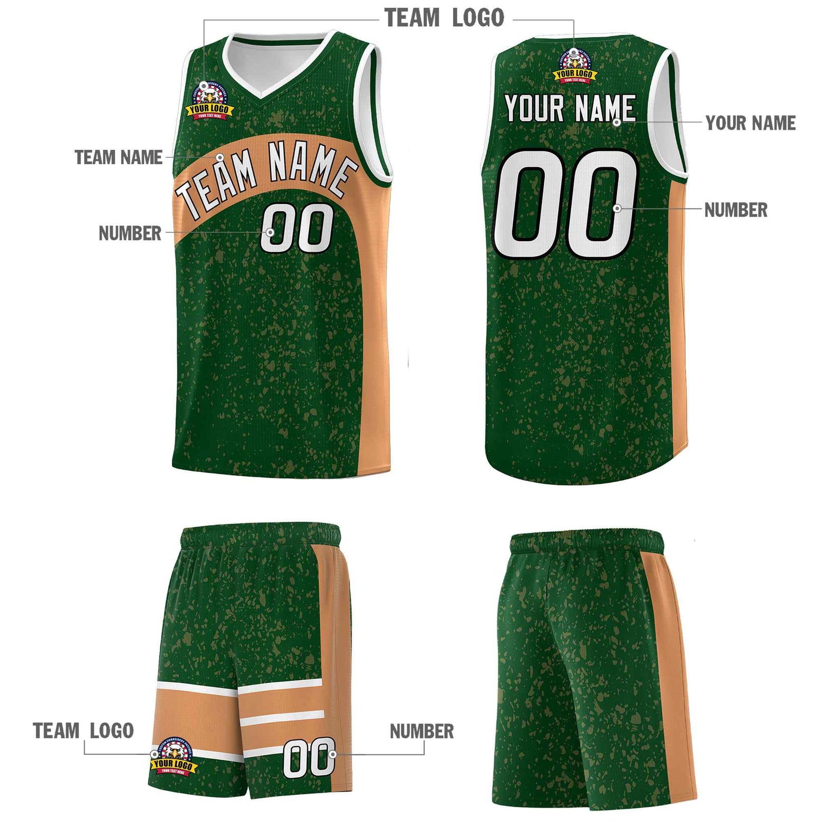 Custom Green Buckskin Brown Dot Graffiti Pattern Irregular Team Names Sports Uniform Basketball Jersey