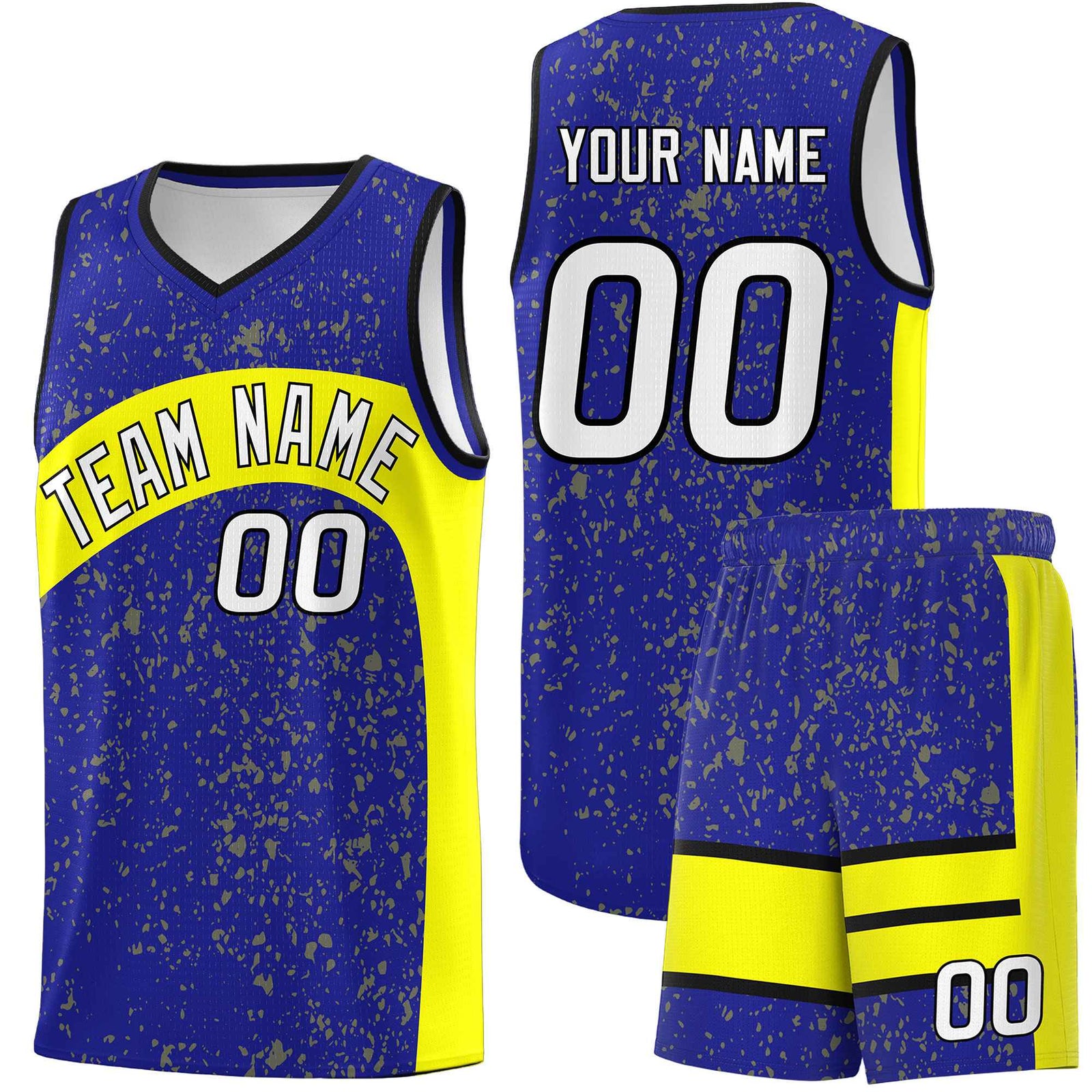 Custom Royal Fluorescent Yellow Dot Graffiti Pattern Irregular Team Names Sports Uniform Basketball Jersey| KXKSHOP