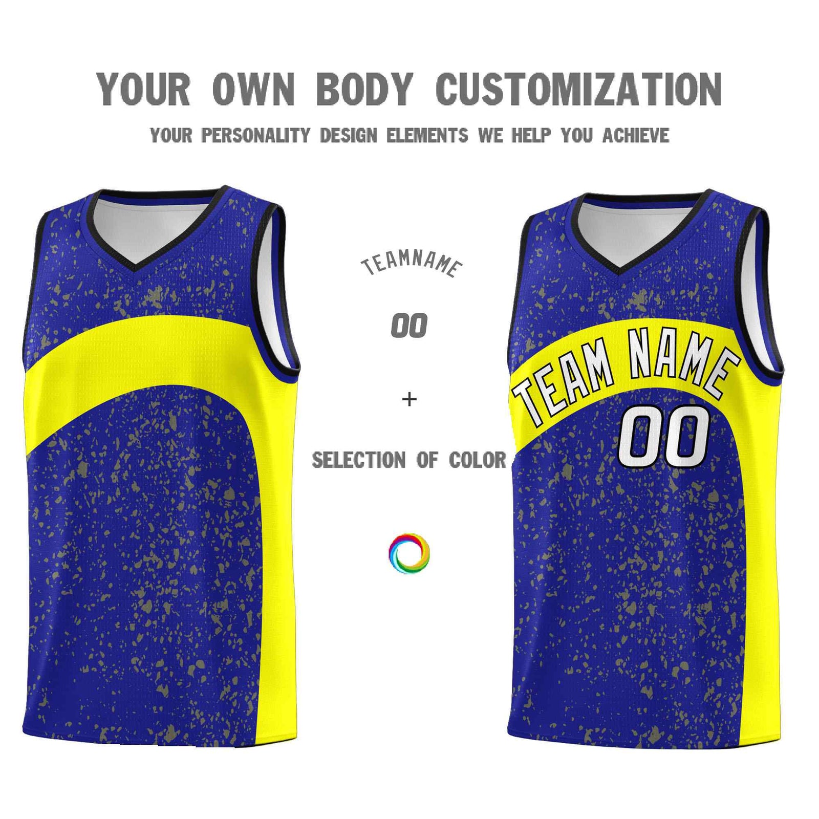 Custom Royal Fluorescent Yellow Dot Graffiti Pattern Irregular Team Names Sports Uniform Basketball Jersey
