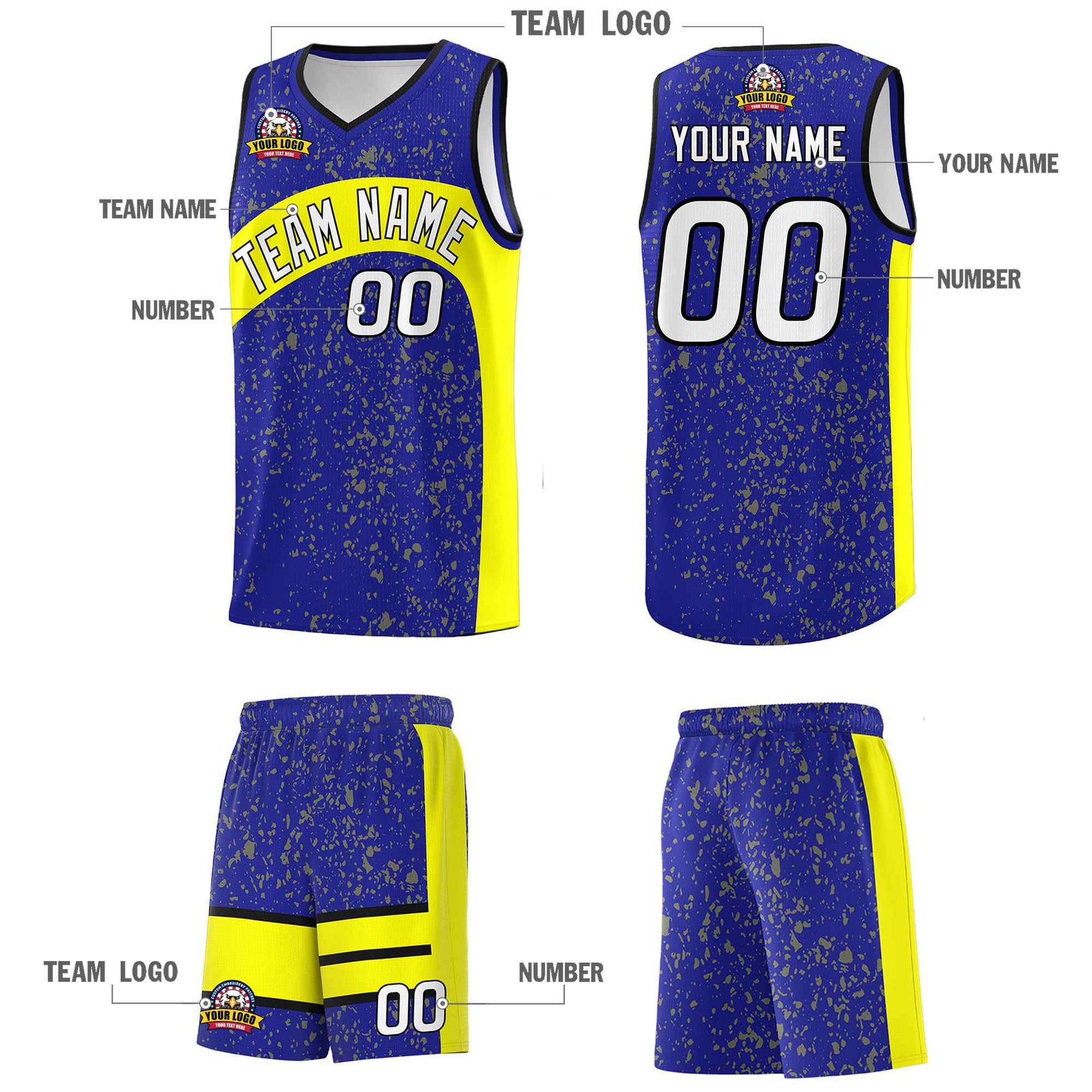 Custom Royal Fluorescent Yellow Dot Graffiti Pattern Irregular Team Names Sports Uniform Basketball Jersey