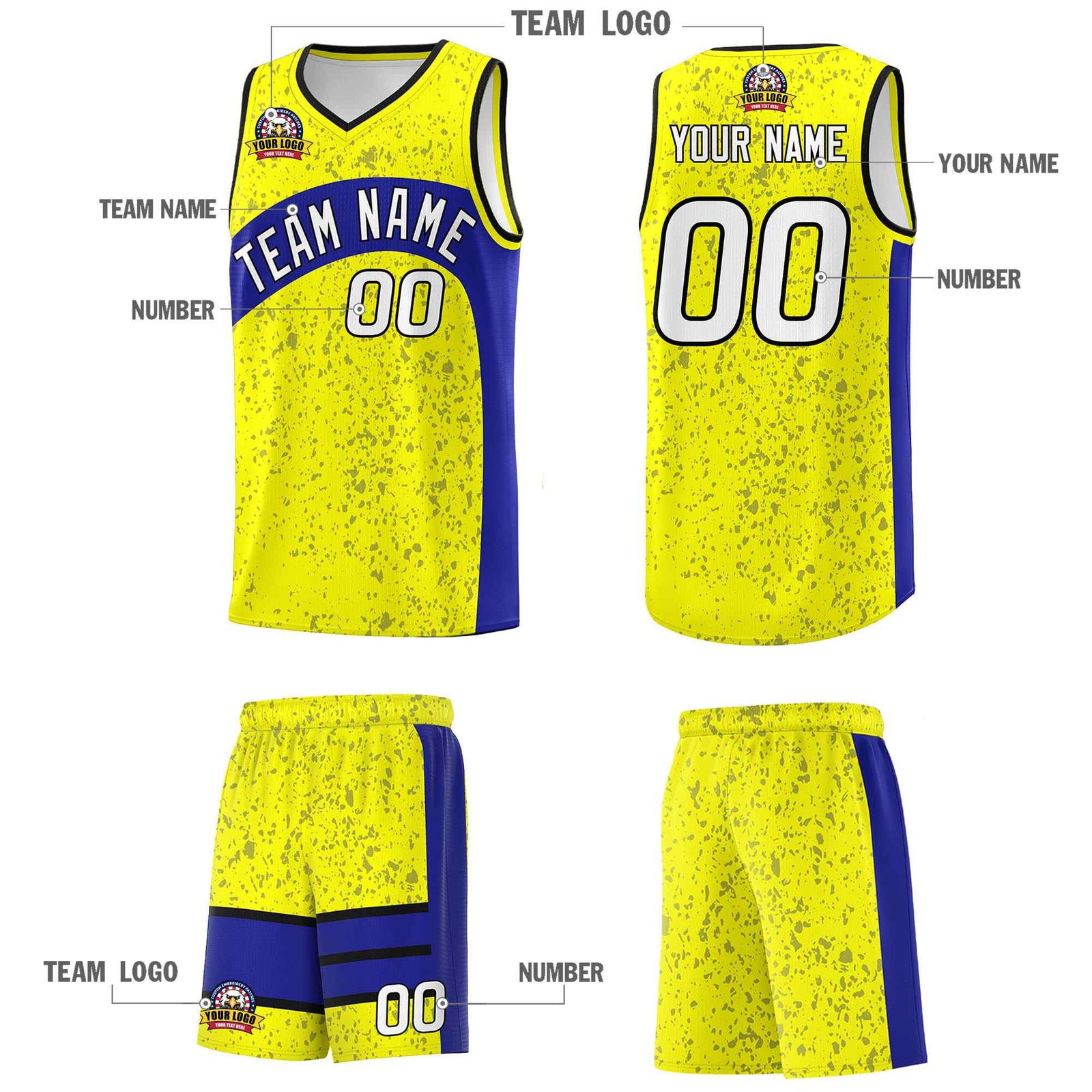 Custom Fluorescent Yellow Royal Dot Graffiti Pattern Irregular Team Names Sports Uniform Basketball Jersey