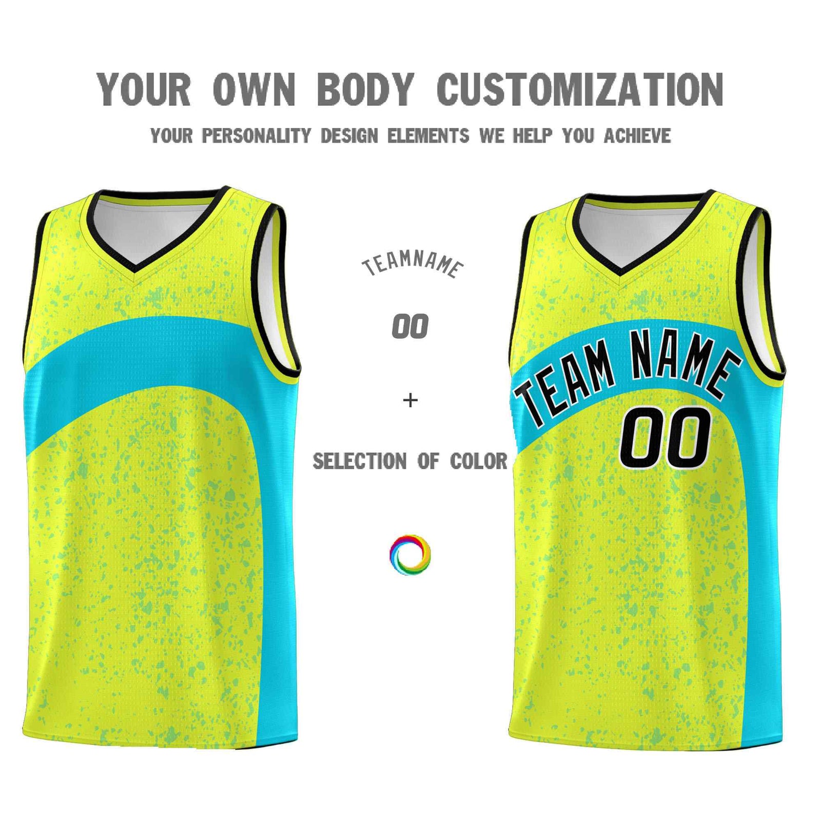 Custom Fluorescent Green Sky Blue Dot Graffiti Pattern Irregular Team Names Sports Uniform Basketball Jersey