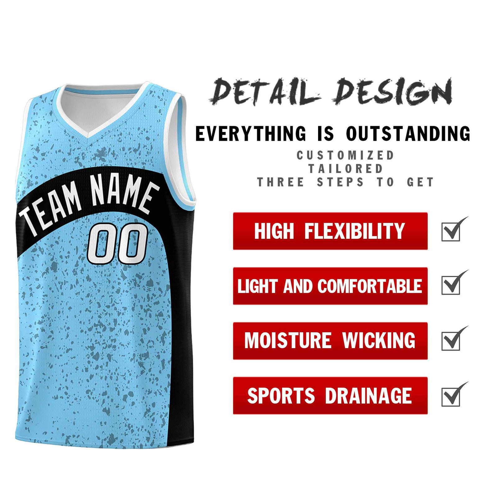 Custom Light Blue Black Dot Graffiti Pattern Irregular Team Names Sports Uniform Basketball Jersey| KXKSHOP