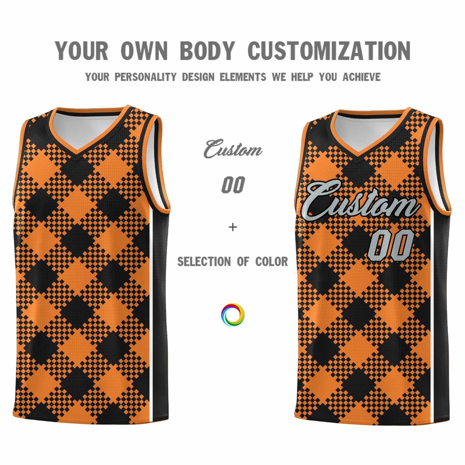 Personalized Gold Orange Black-White Grid Basketball Kits