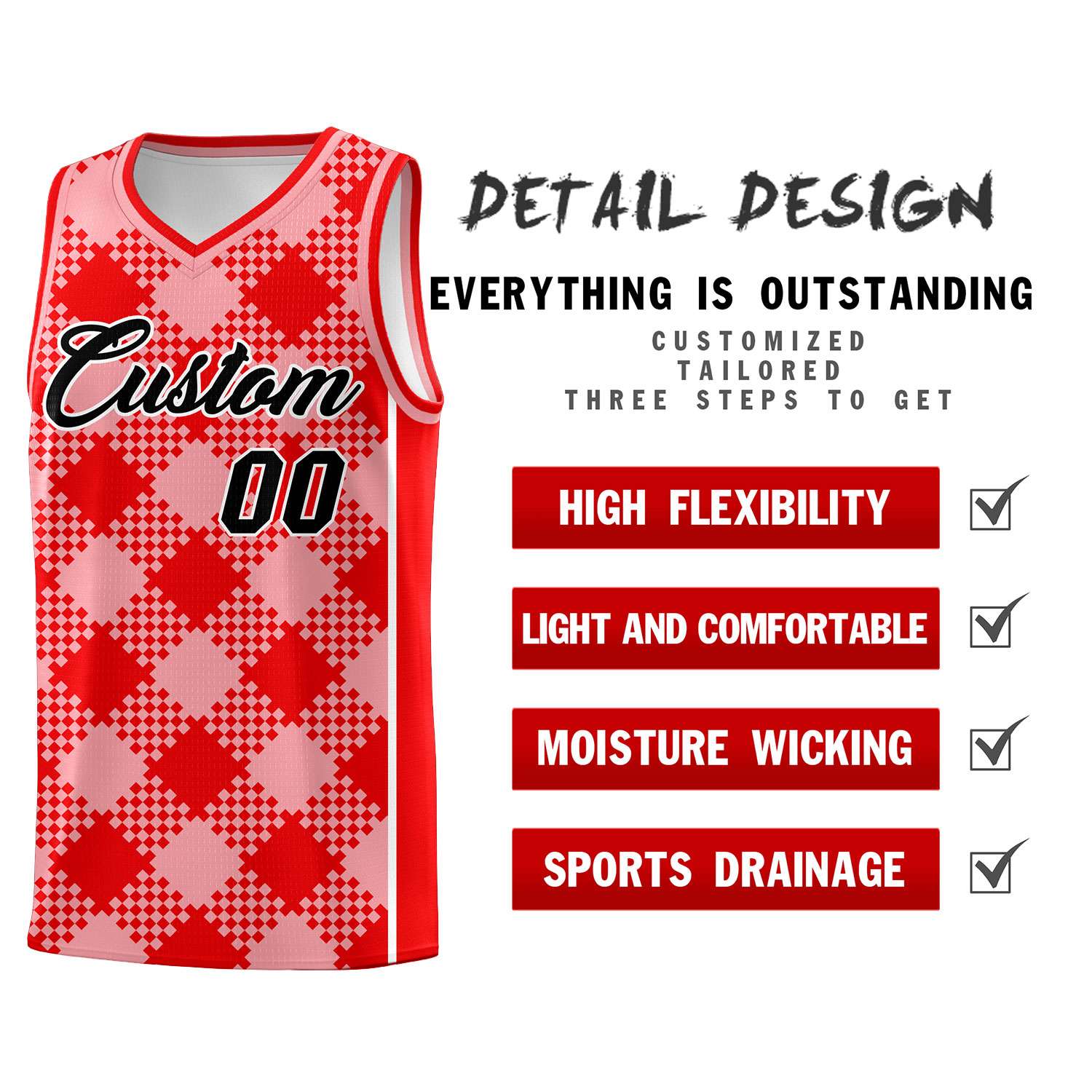 Personalized Light Pink Light Red-White Grid Basketball Kits