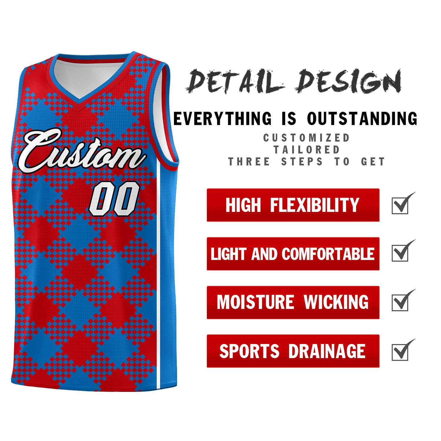 Personalized Royal Red-White Grid Basketball Kits