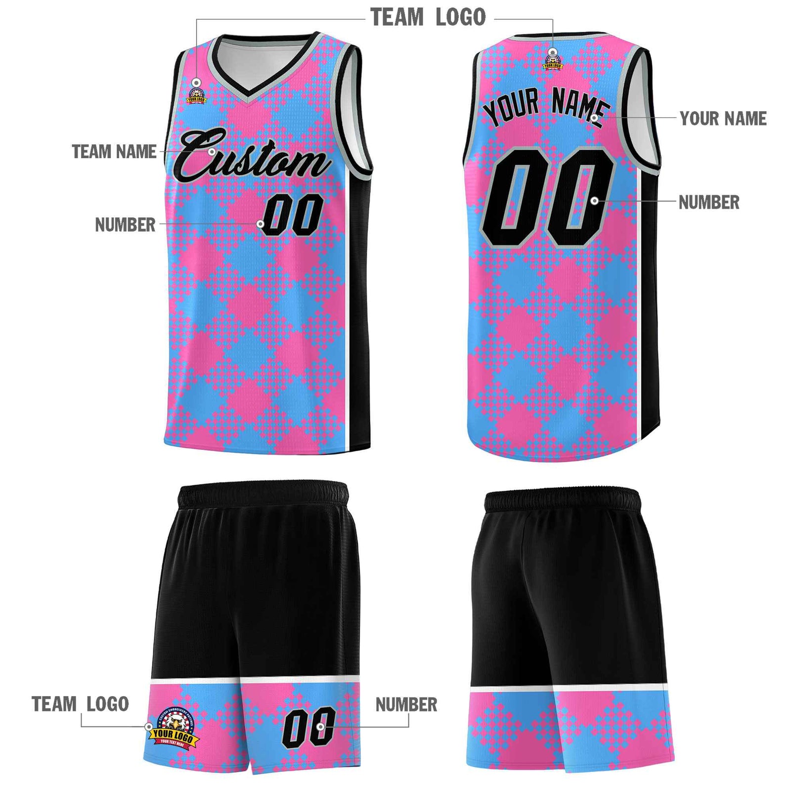 Personalized Powder Blue Pink-White Grid Basketball Kits