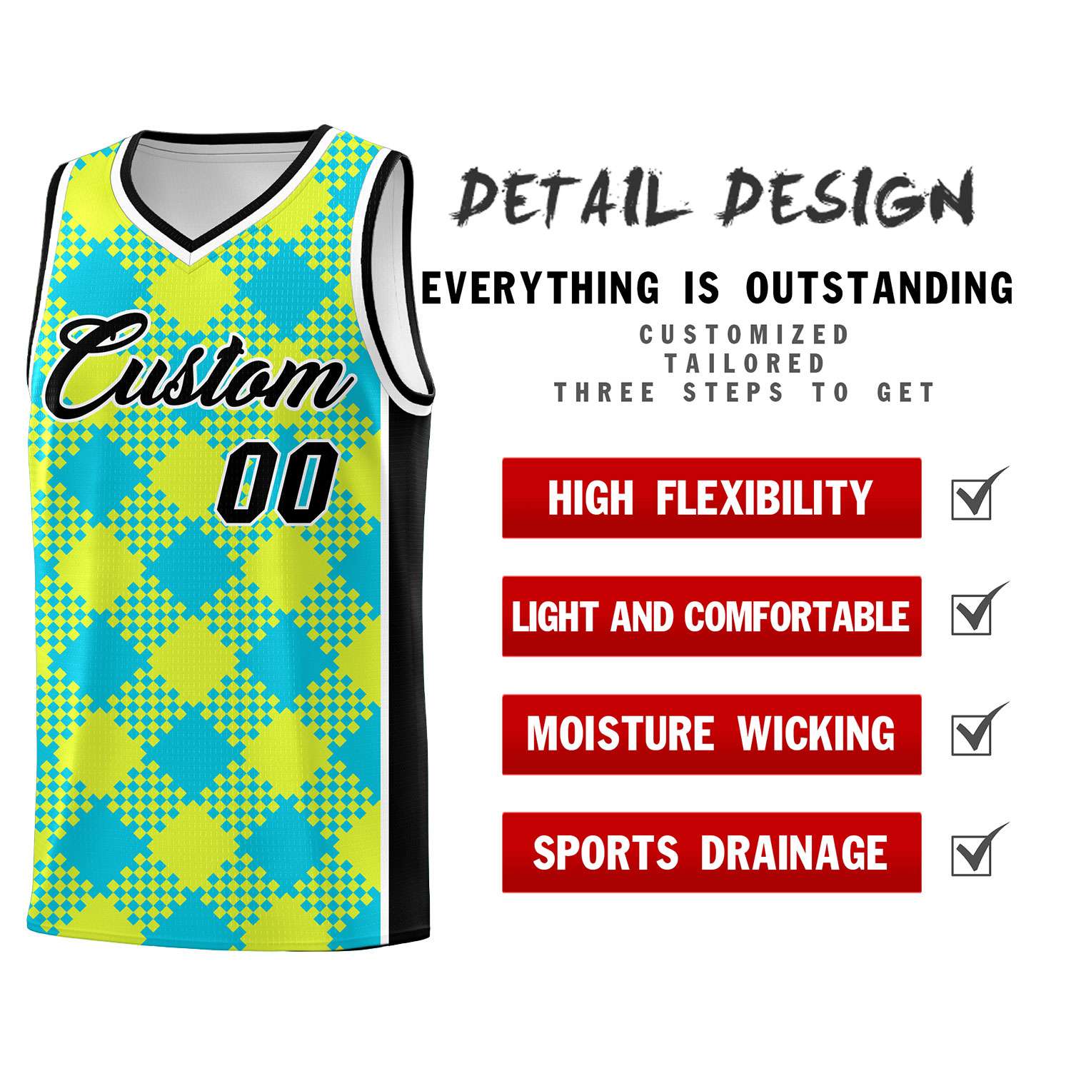 Personalized Sky Blue Fluorescent Green-White Grid Basketball Kits