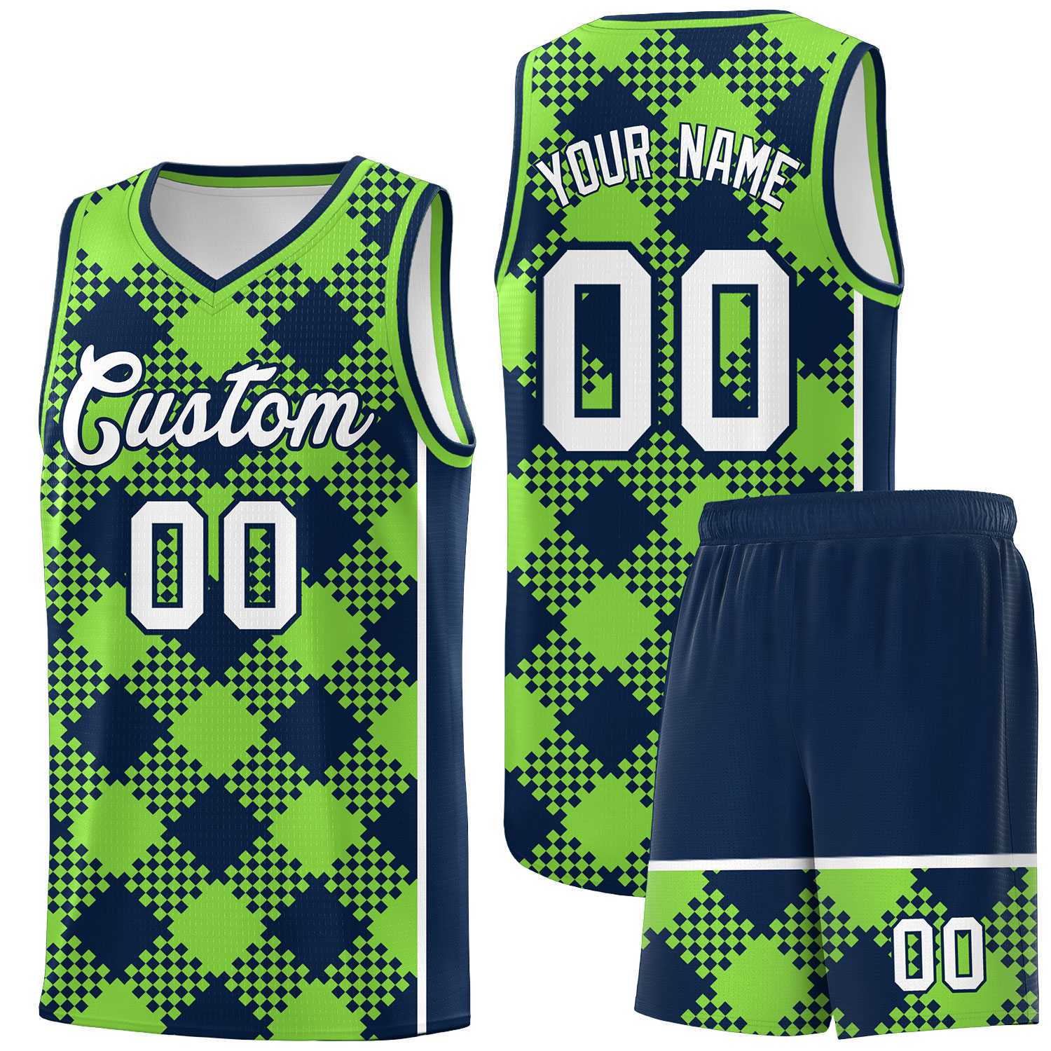 Personalized Fluorescent Green Navy-White Grid Basketball Kits