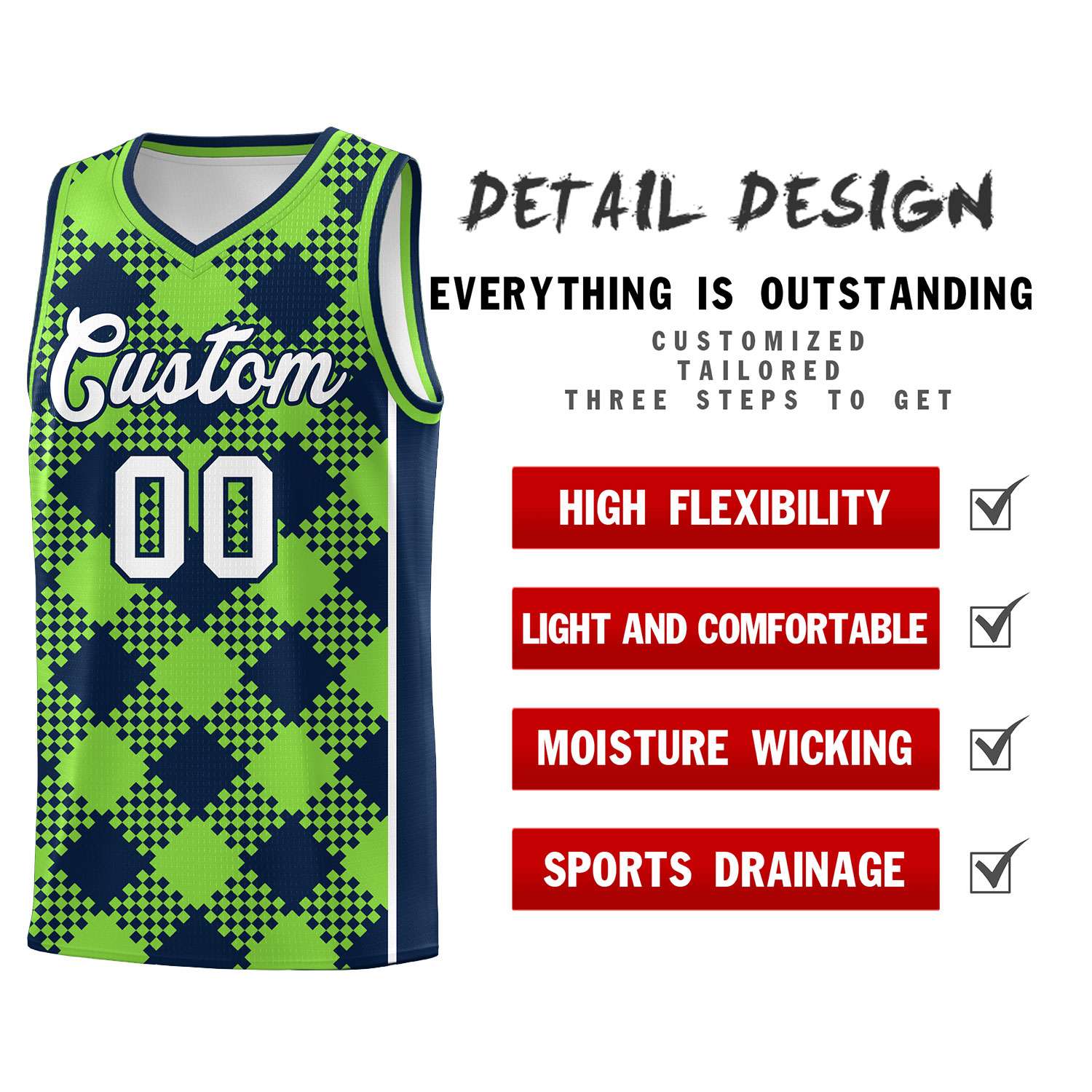 Personalized Fluorescent Green Navy-White Grid Basketball Kits