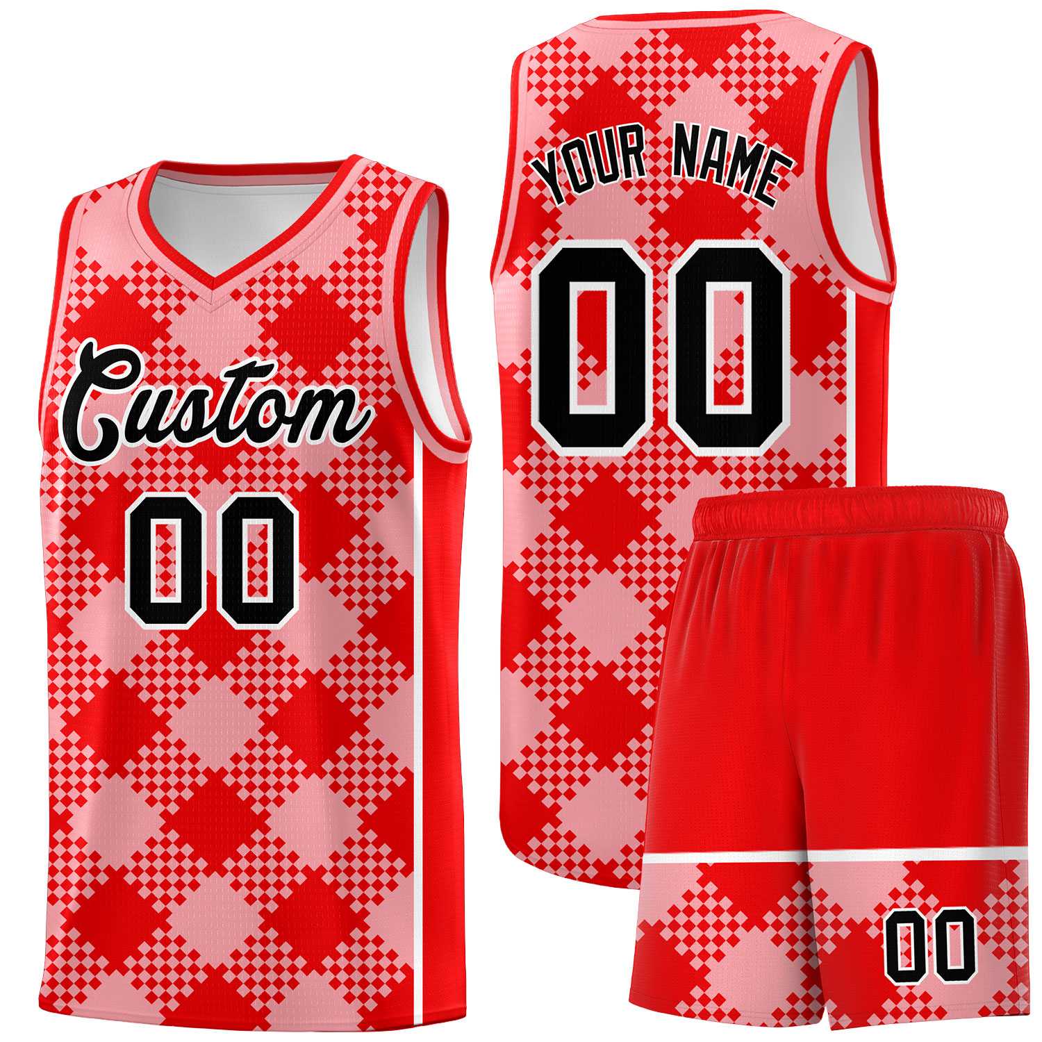 Personalized Light Pink Light Red-White Grid Basketball Kits