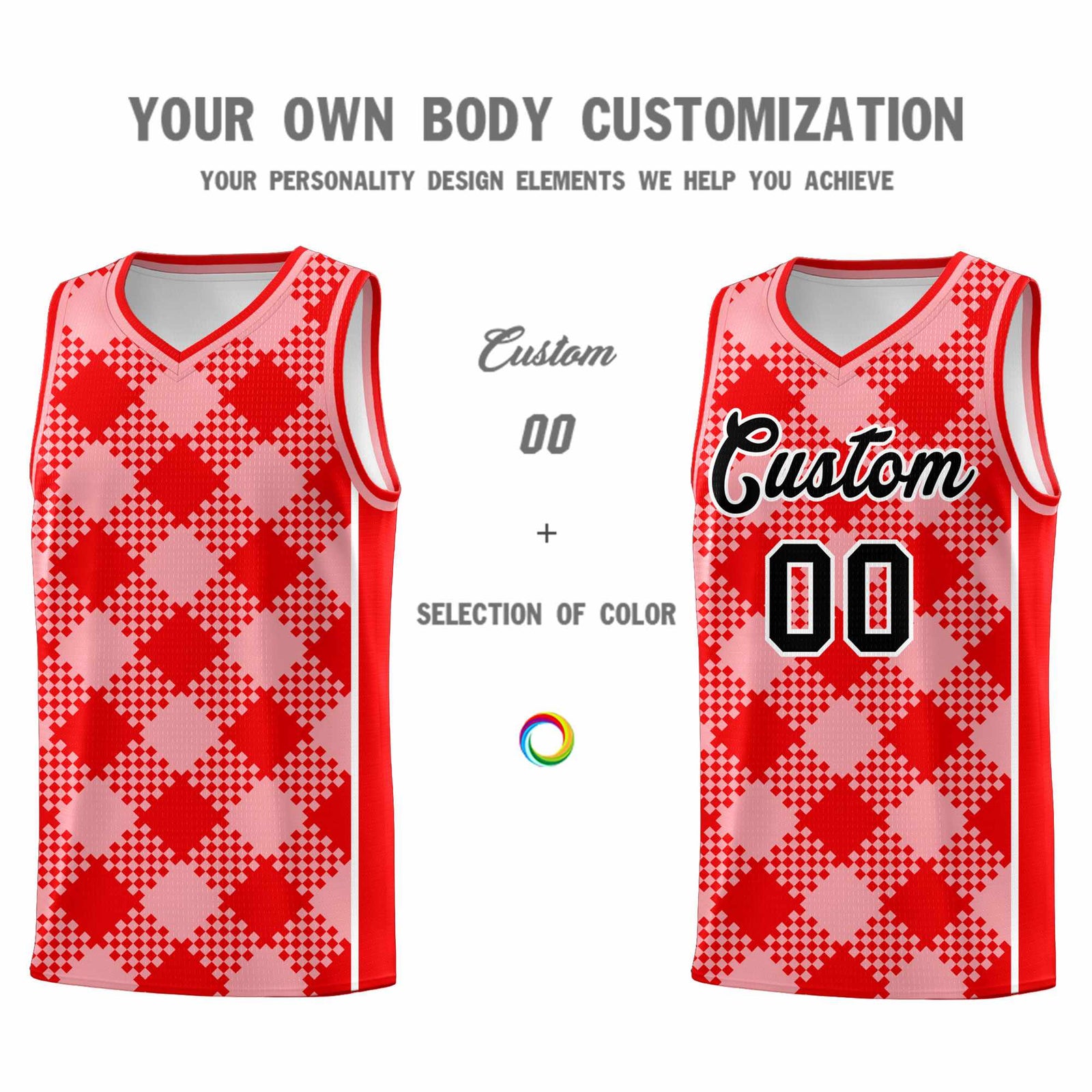 Personalized Light Pink Light Red-White Grid Basketball Kits