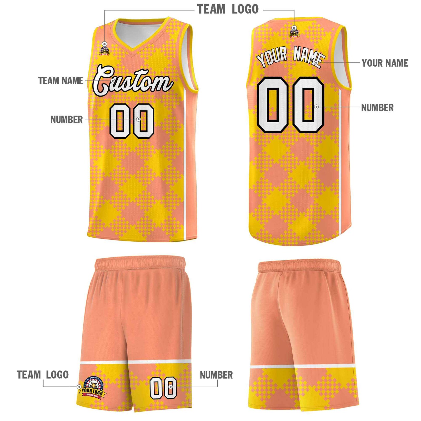 Personalized Light Orange Gold-White Grid Basketball Kits