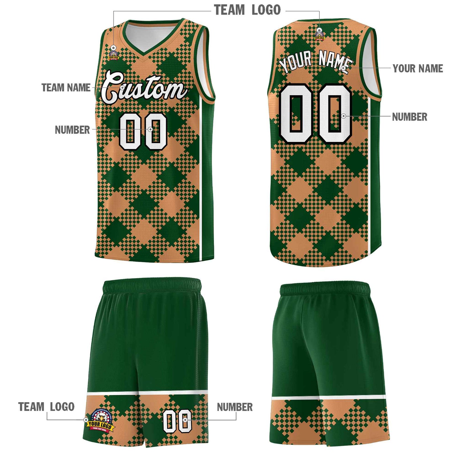 Personalized Green Buckskin Brown-White Grid Basketball Kits