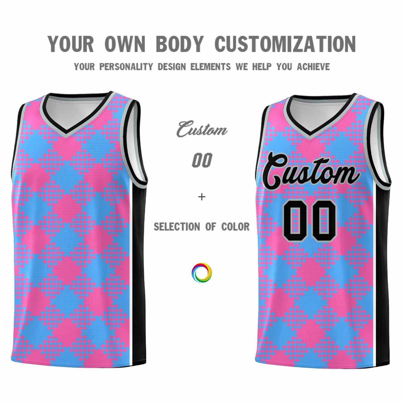 Personalized Powder Blue Pink-White Grid Basketball Kits