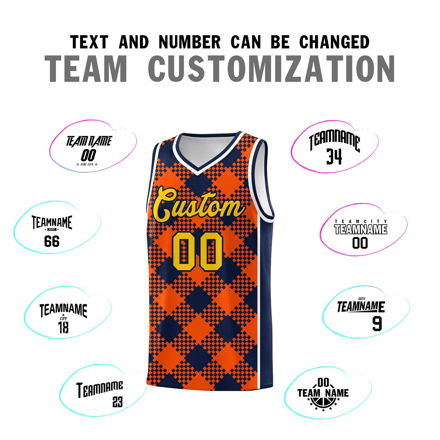 Personalized Orange Navy-White Grid Basketball Kits