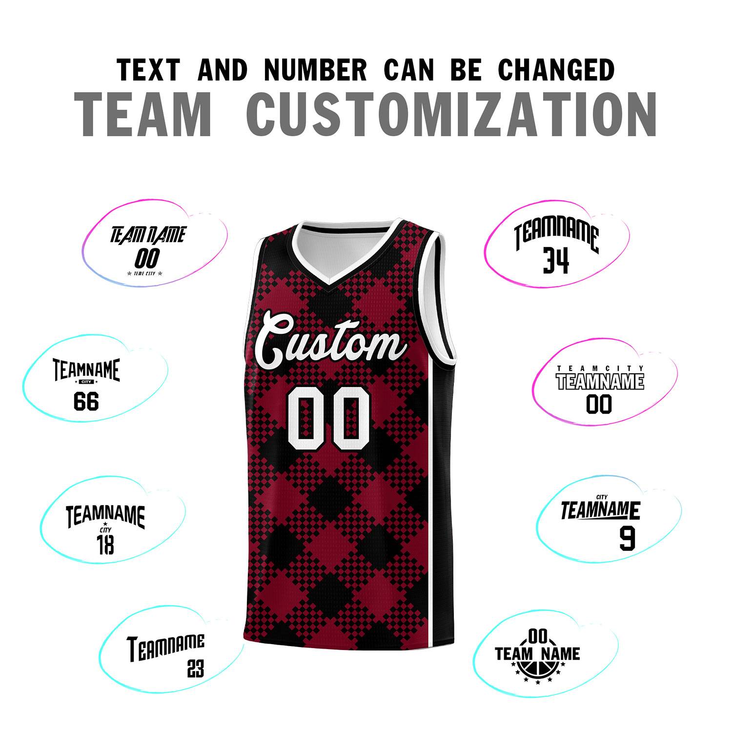 Personalized Crimson Black-White Grid Basketball Kits