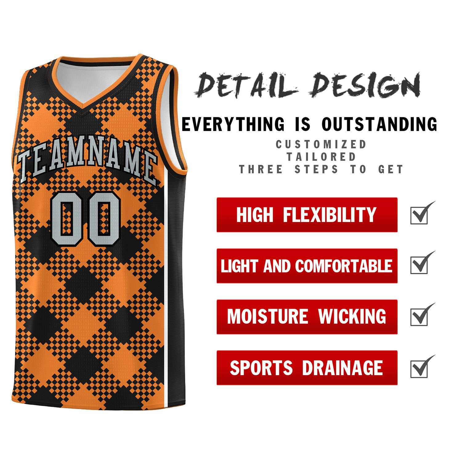 Personalized Gold Orange Black-White Grid Basketball Kits