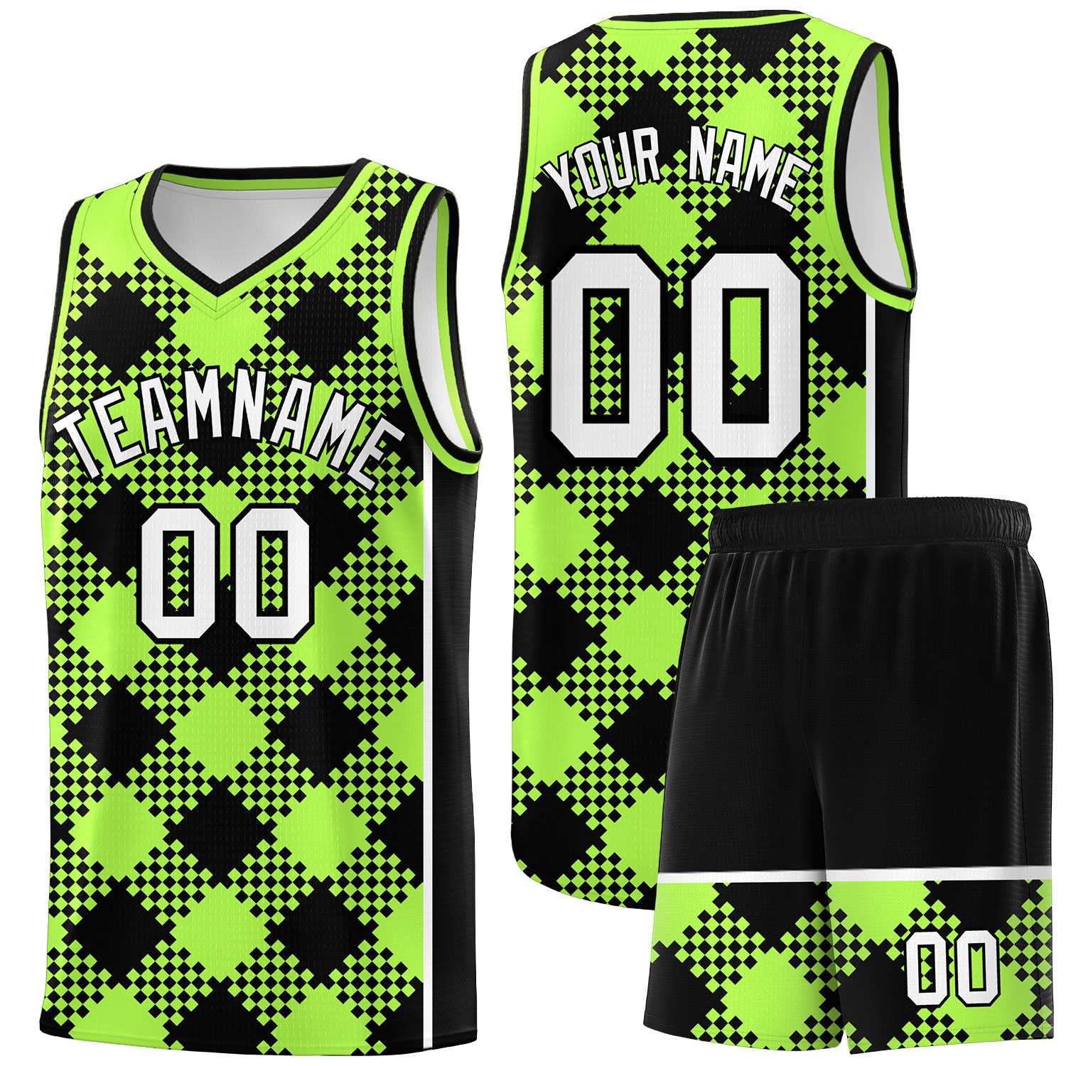 Personalized Fluorescent Green Black-White Grid Basketball Kits