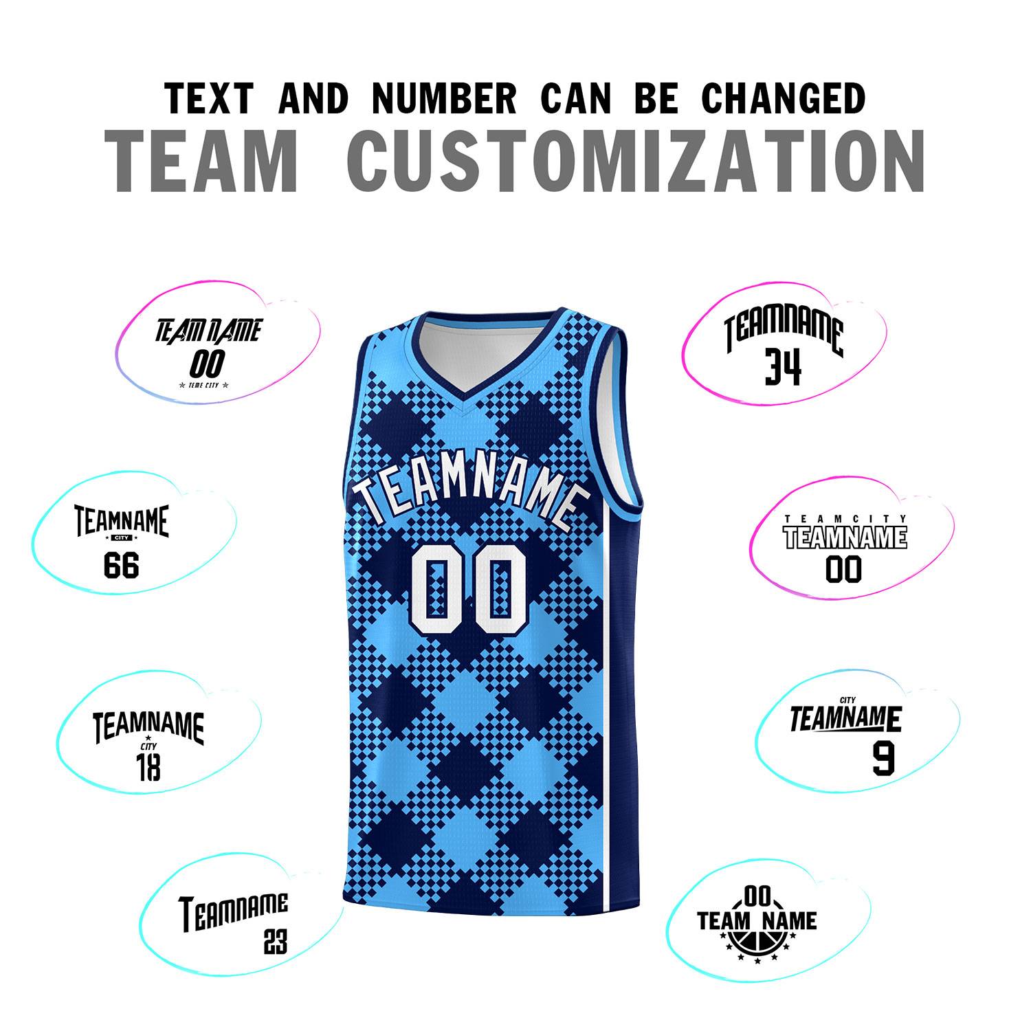Personalized Powder Blue Navy-White Grid Basketball Kits