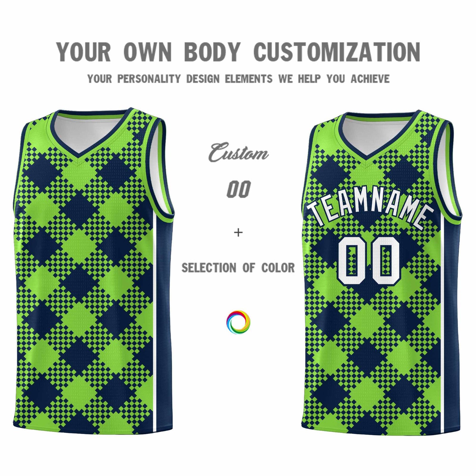 Personalized Fluorescent Green Navy-White Grid Basketball Kits