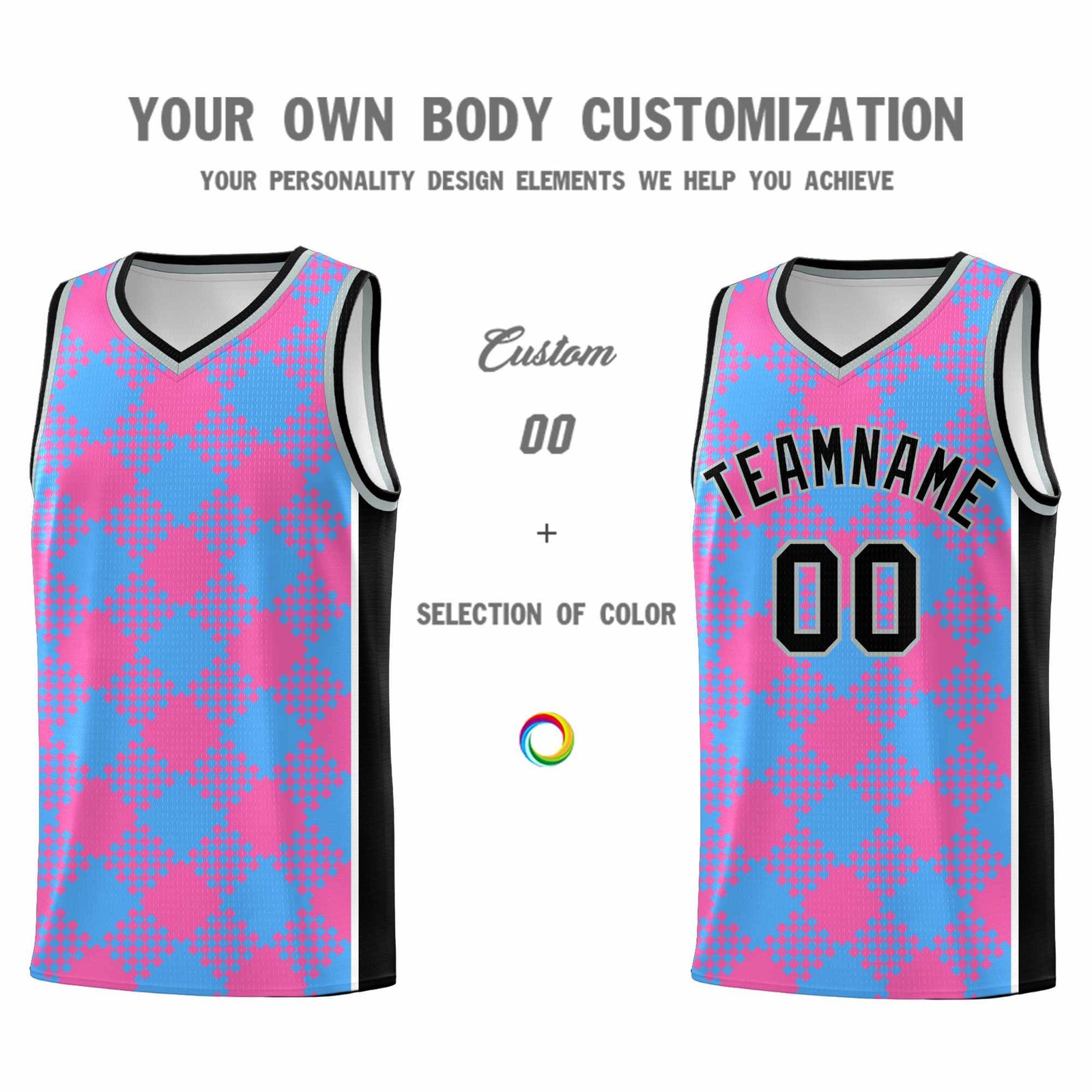 Personalized Powder Blue Pink-White Grid Basketball Kits