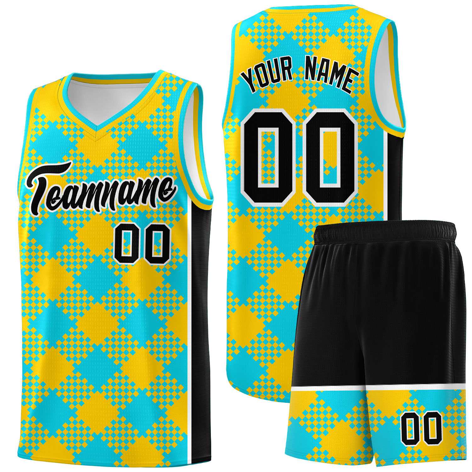 Personalized Sky Blue Gold-Black Grid Basketball Kits