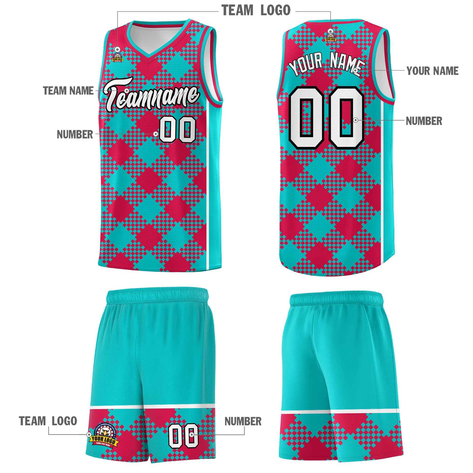 Personalized Aqua Red-White Grid Basketball Kits