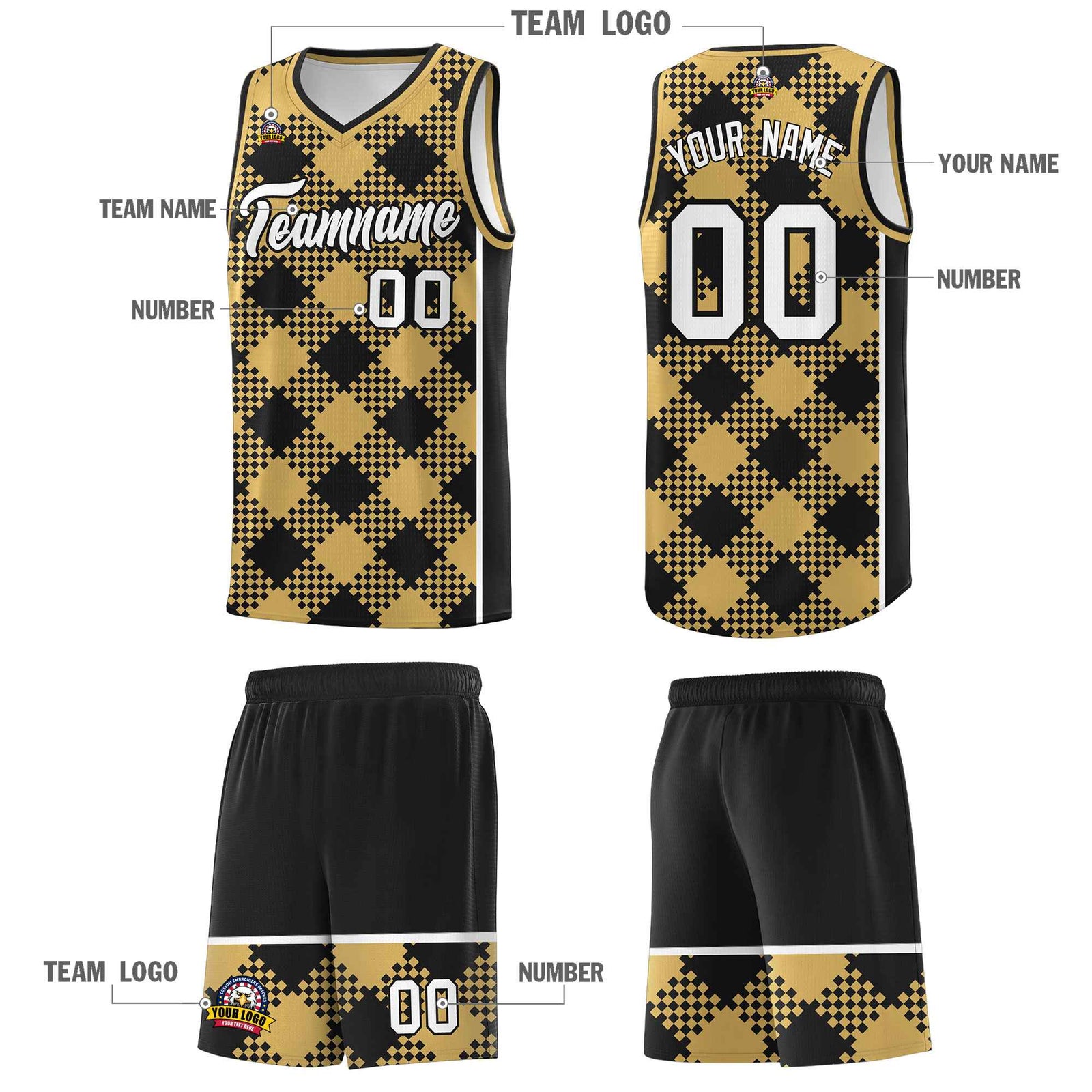 Personalized Old Gold Black-White Grid Basketball Kits