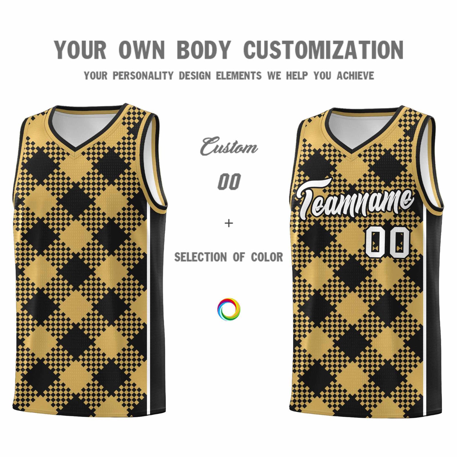 Personalized Old Gold Black-White Grid Basketball Kits