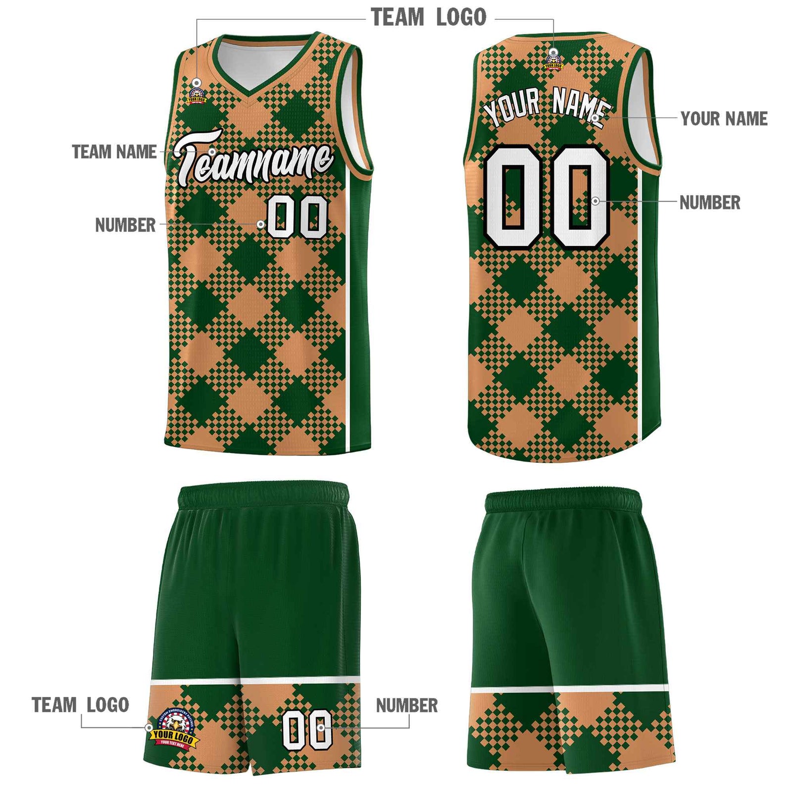 Personalized Green Buckskin Brown-White Grid Basketball Kits