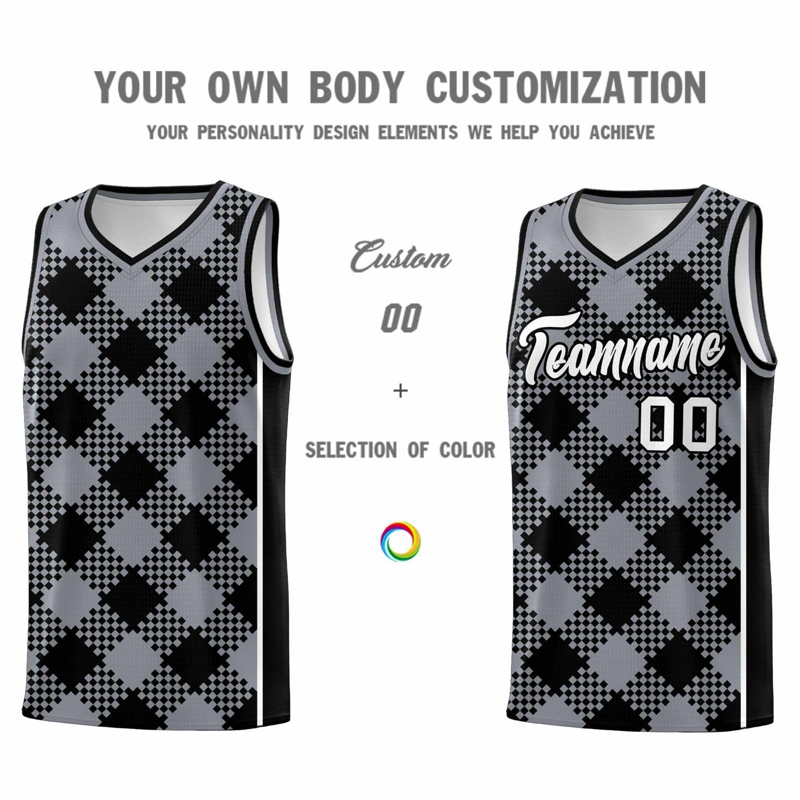Personalized Gray Black-White Grid Basketball Kits