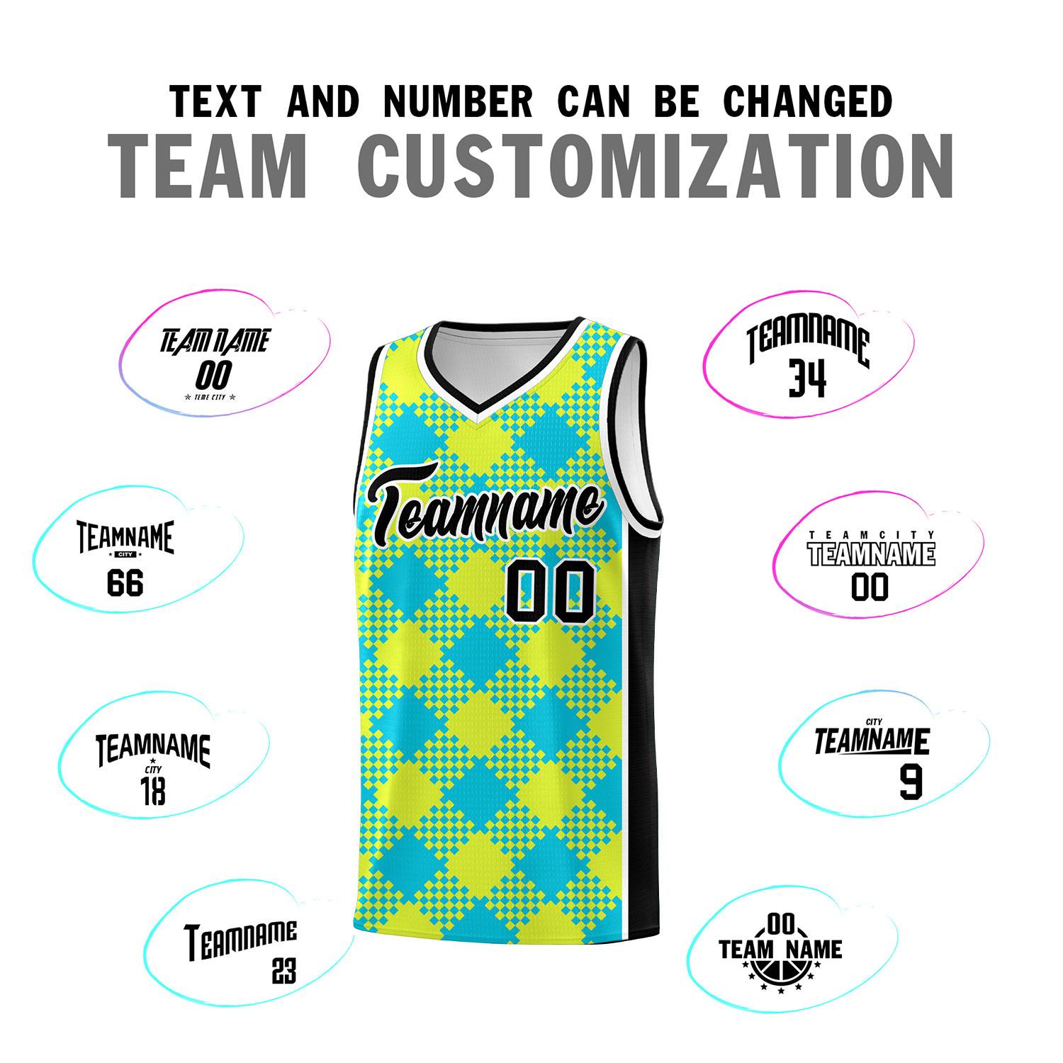 Personalized Sky Blue Fluorescent Green-White Grid Basketball Kits