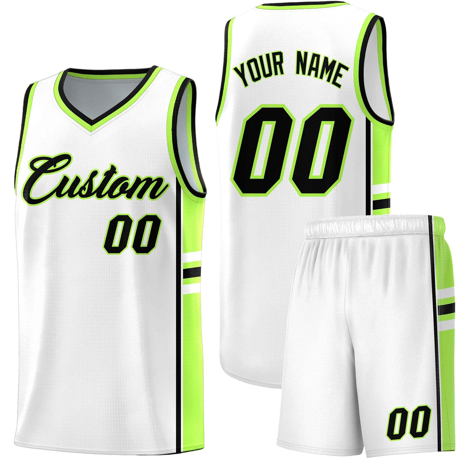 Custom Youth Basketball Jersey - White Fluorescent Green Two-Tone Varsity Jersey Set